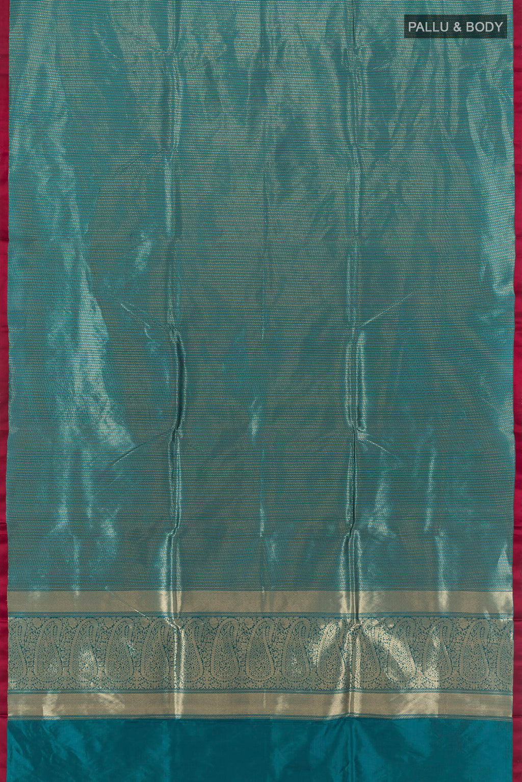Flat view of Peacock Blue Banarasi Katan Silk Saree with Stripes on the body and Plain Border. 