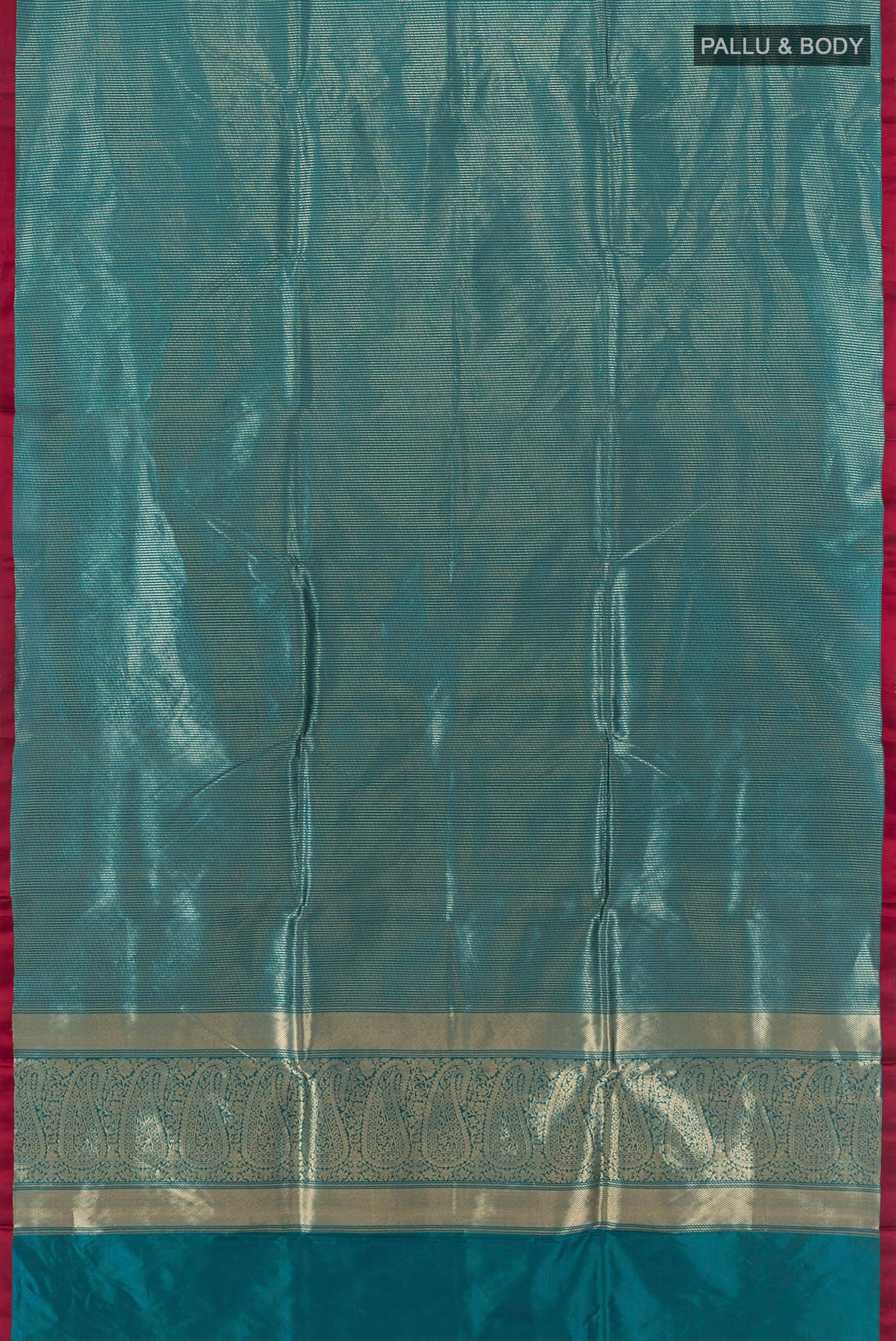 Flat view of Peacock Blue Banarasi Katan Silk Saree with Stripes on the body and Plain Border. 