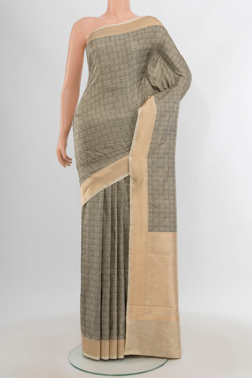 Grey Banarasi Katan Silk Saree with Jacquard design on the body and Zari Border.  displayed on a mannequin