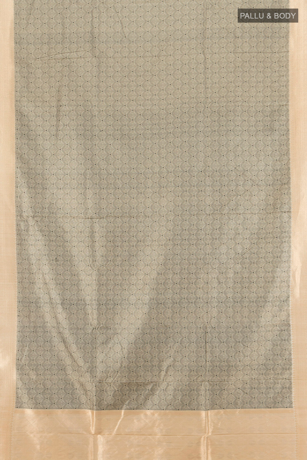 Flat view of Grey Banarasi Katan Silk Saree with Jacquard design on the body and Zari Border. 