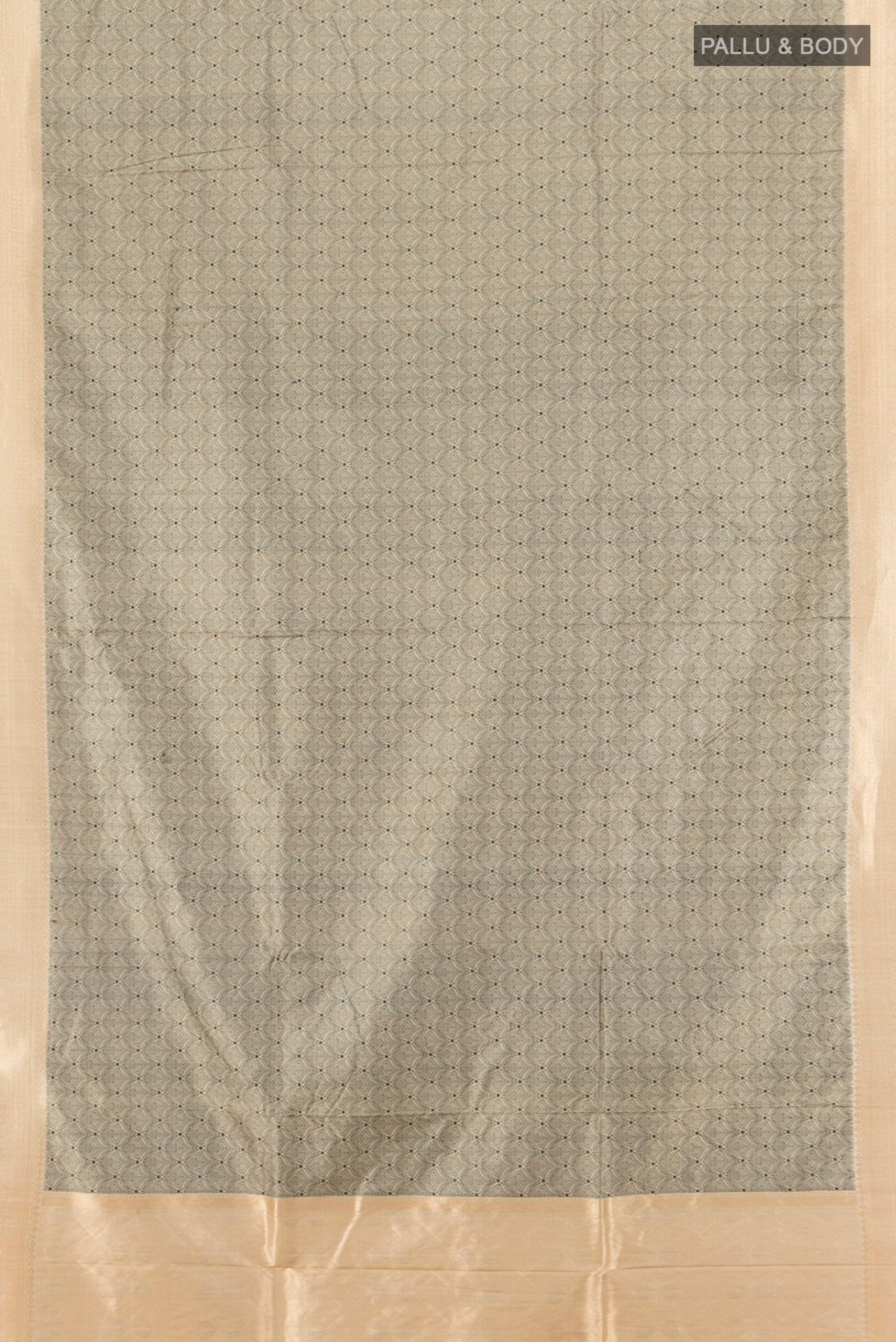 Flat view of Grey Banarasi Katan Silk Saree with Jacquard design on the body and Zari Border. 