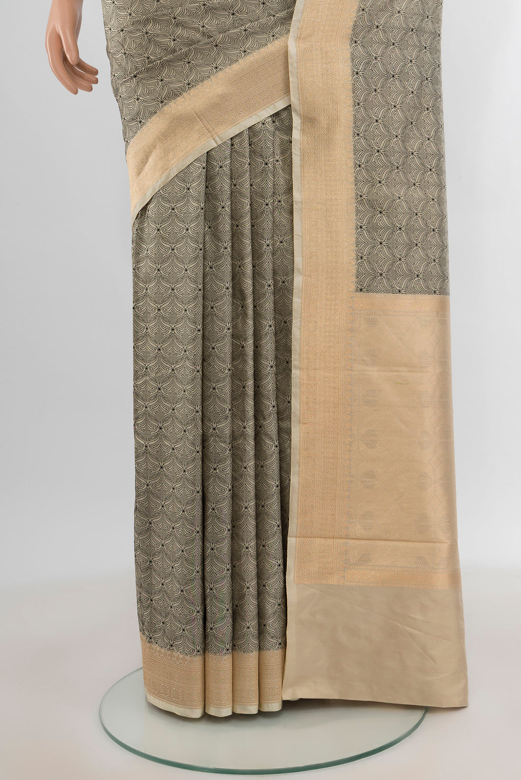 Pleats and pallu of Grey Banarasi Katan Silk Saree with Jacquard design on the body and Zari Border. 