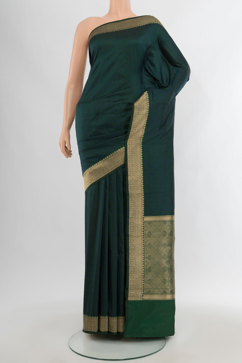 Peacock Blue Dual Tone Banarasi Katan Silk Saree with Plain Body and Zari Border.  displayed on a mannequin