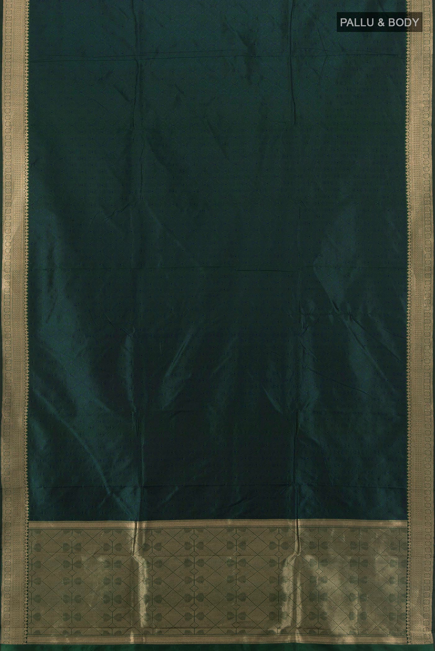 Flat view of Peacock Blue Dual Tone Banarasi Katan Silk Saree with Plain Body and Zari Border. 
