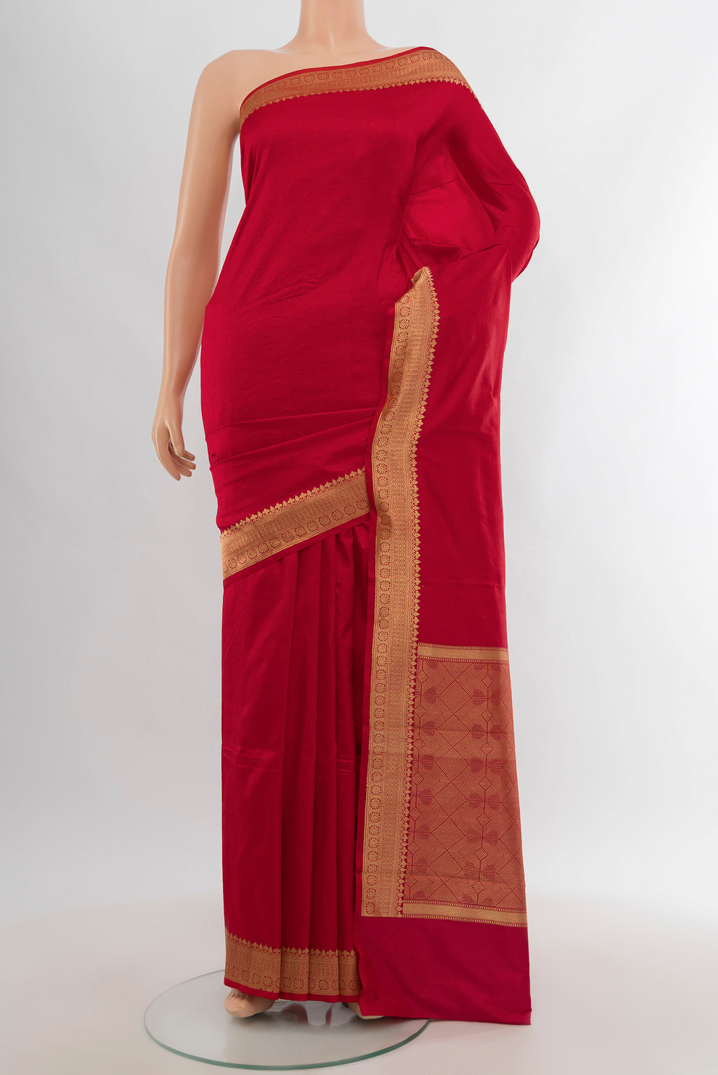 Red Banarasi Katan Silk Saree with Plain Body and Zari Border.  displayed on a mannequin