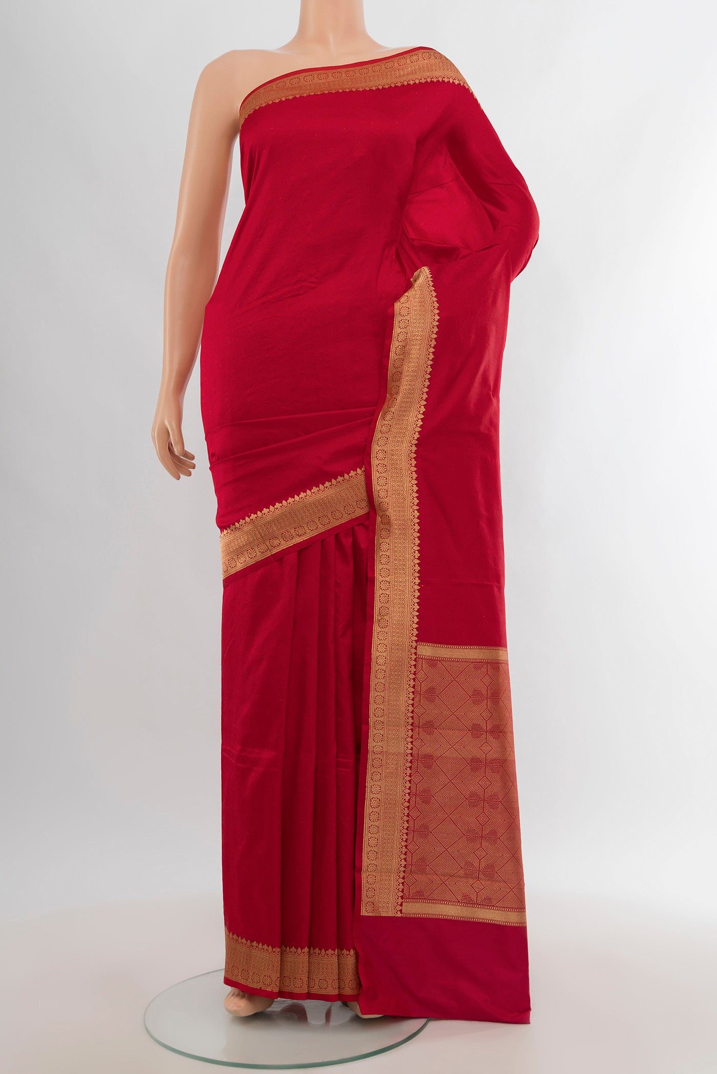 Red Banarasi Katan Silk Saree with Plain Body and Zari Border.  displayed on a mannequin