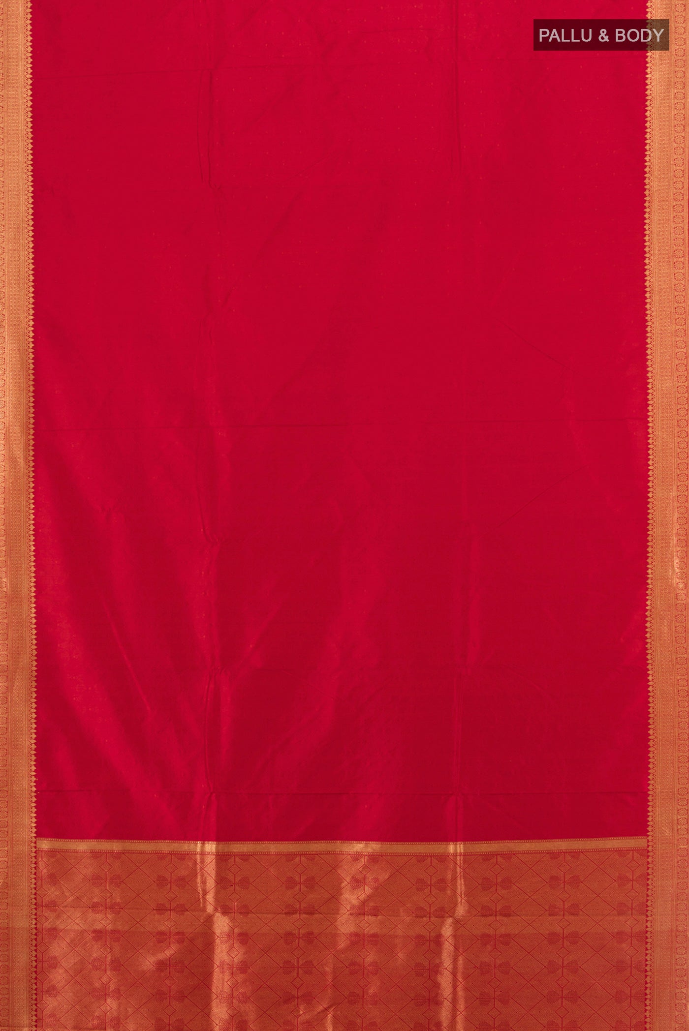 Flat view of Red Banarasi Katan Silk Saree with Plain Body and Zari Border. 