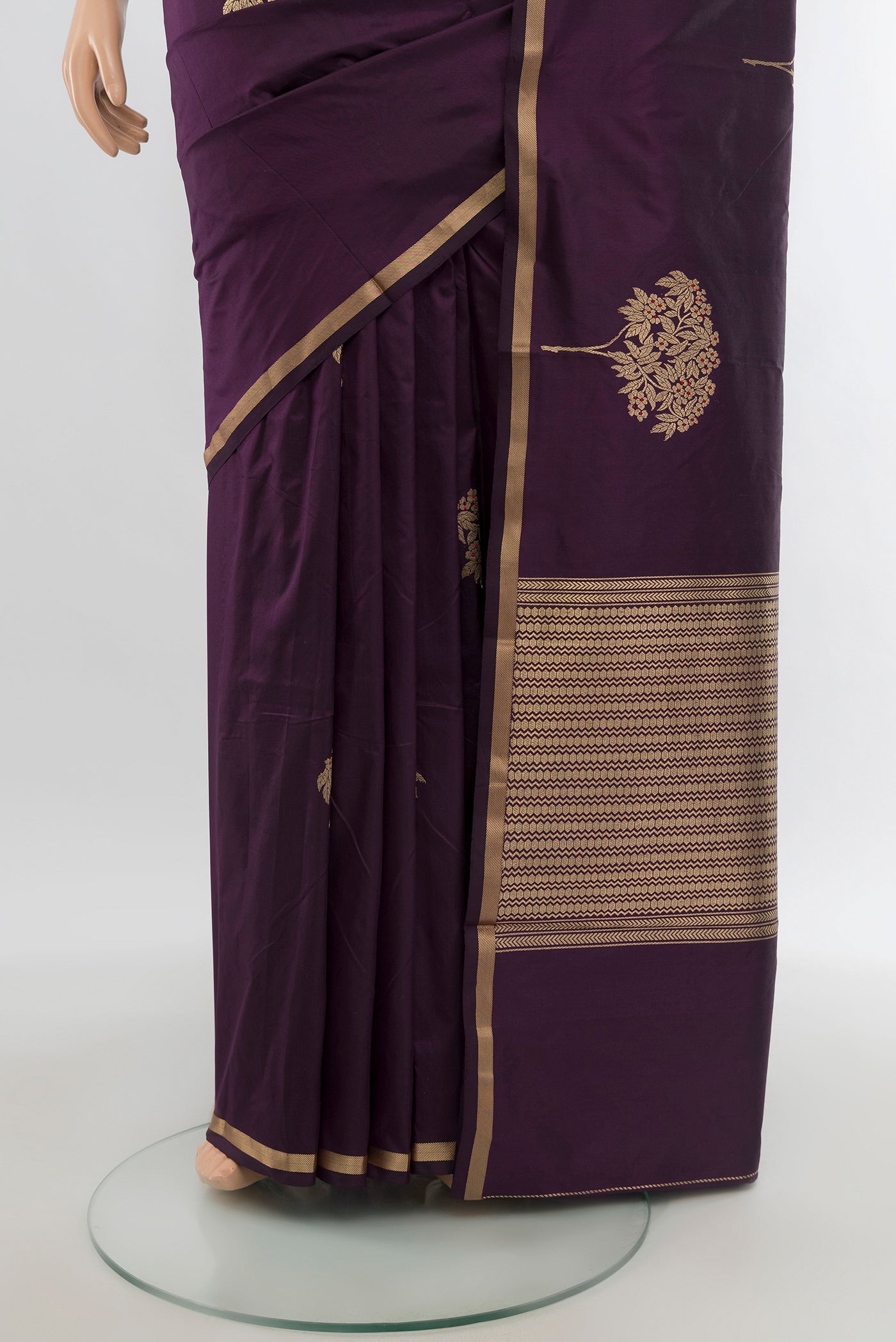 Pleats and pallu of Purple Banarasi Katan Silk Saree with Zari Butta on the body and Zari Border. 