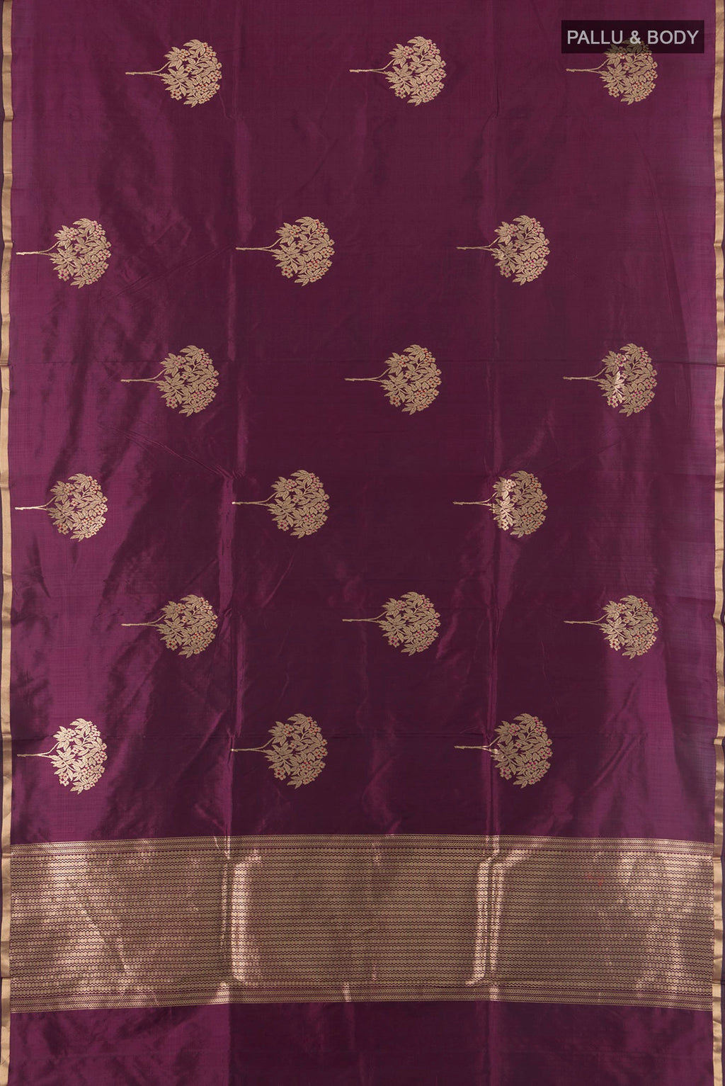 Flat view of Pure Silk Coffee Brown Banarasi Katan Saree with Zari Butta on the body and Zari Border. 