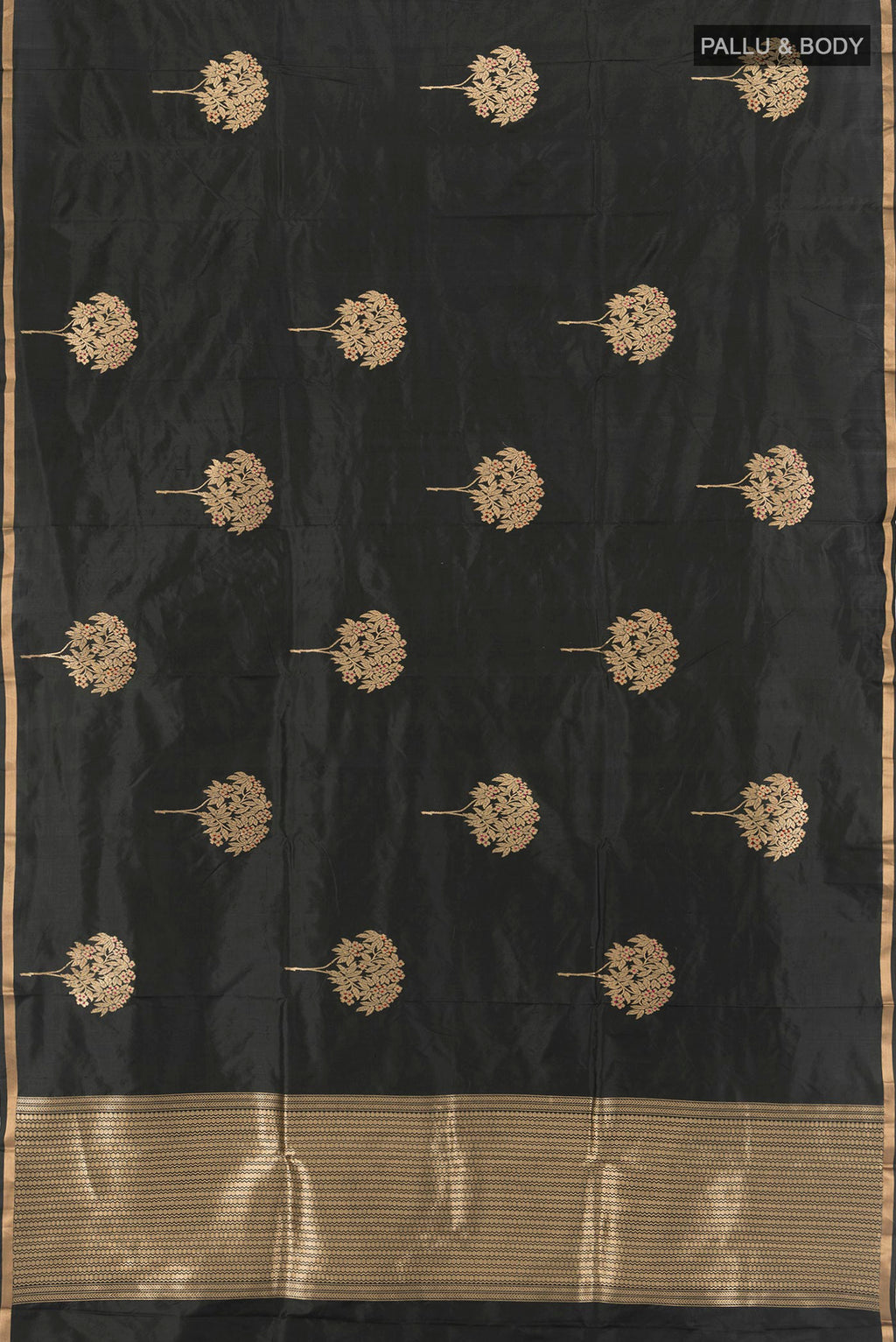 Flat view of Black Banarasi Katan Silk Saree with Zari Butta on the body and Zari Border. 