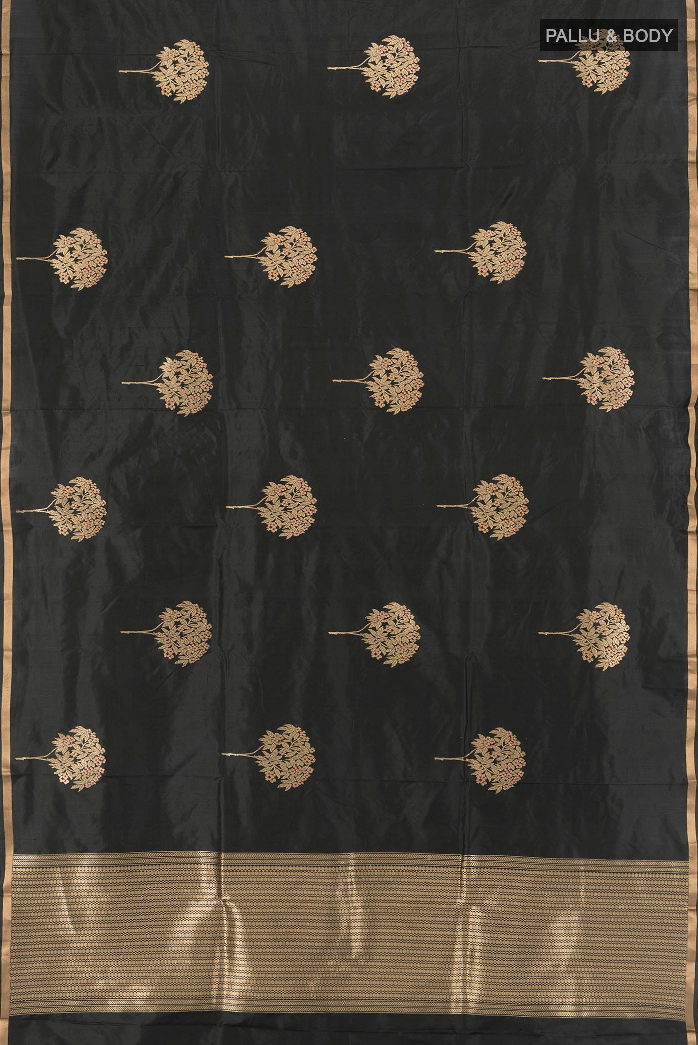 Flat view of Black Banarasi Katan Silk Saree with Zari Butta on the body and Zari Border. 