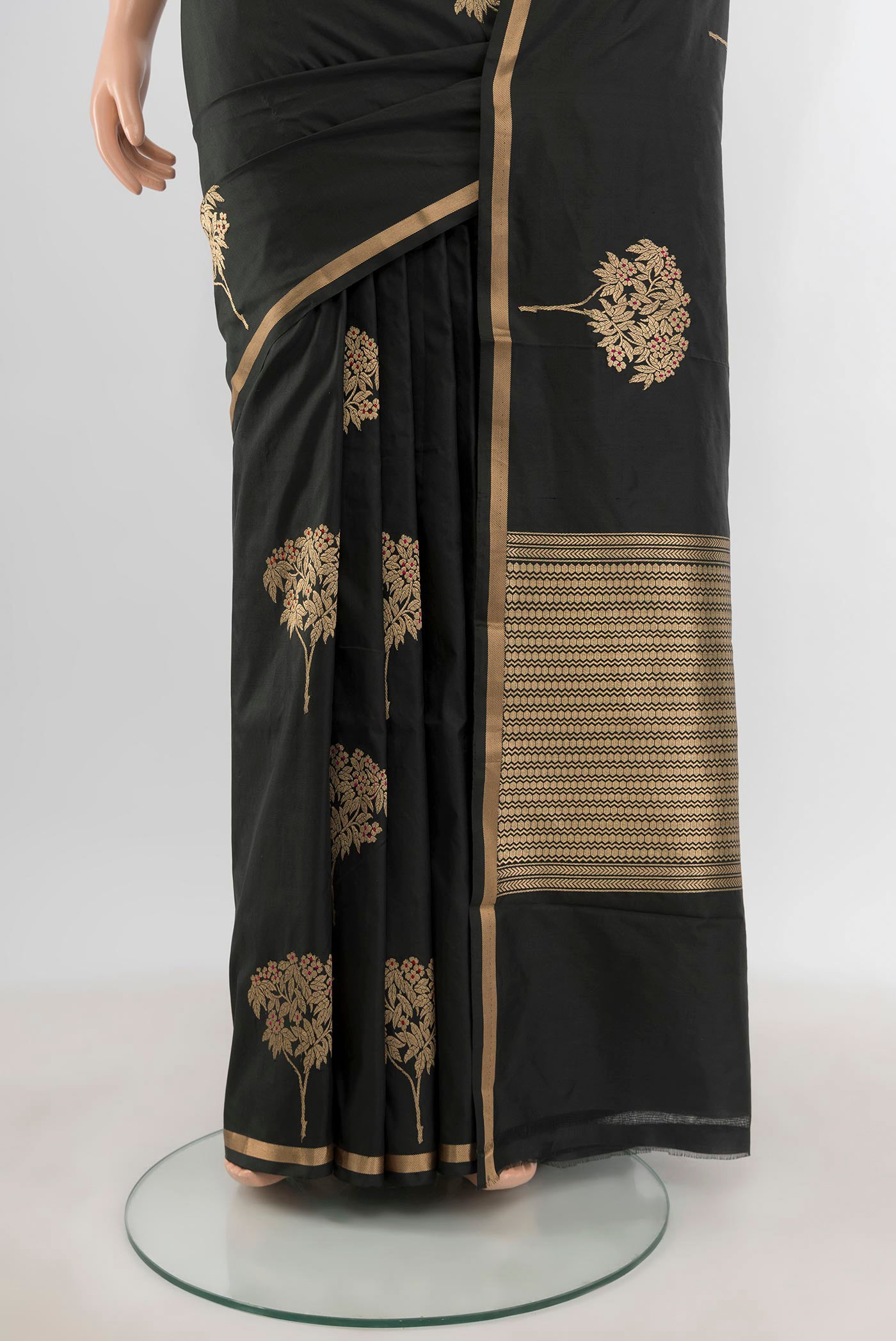 Pleats and pallu of Black Banarasi Katan Silk Saree with Zari Butta on the body and Zari Border. 