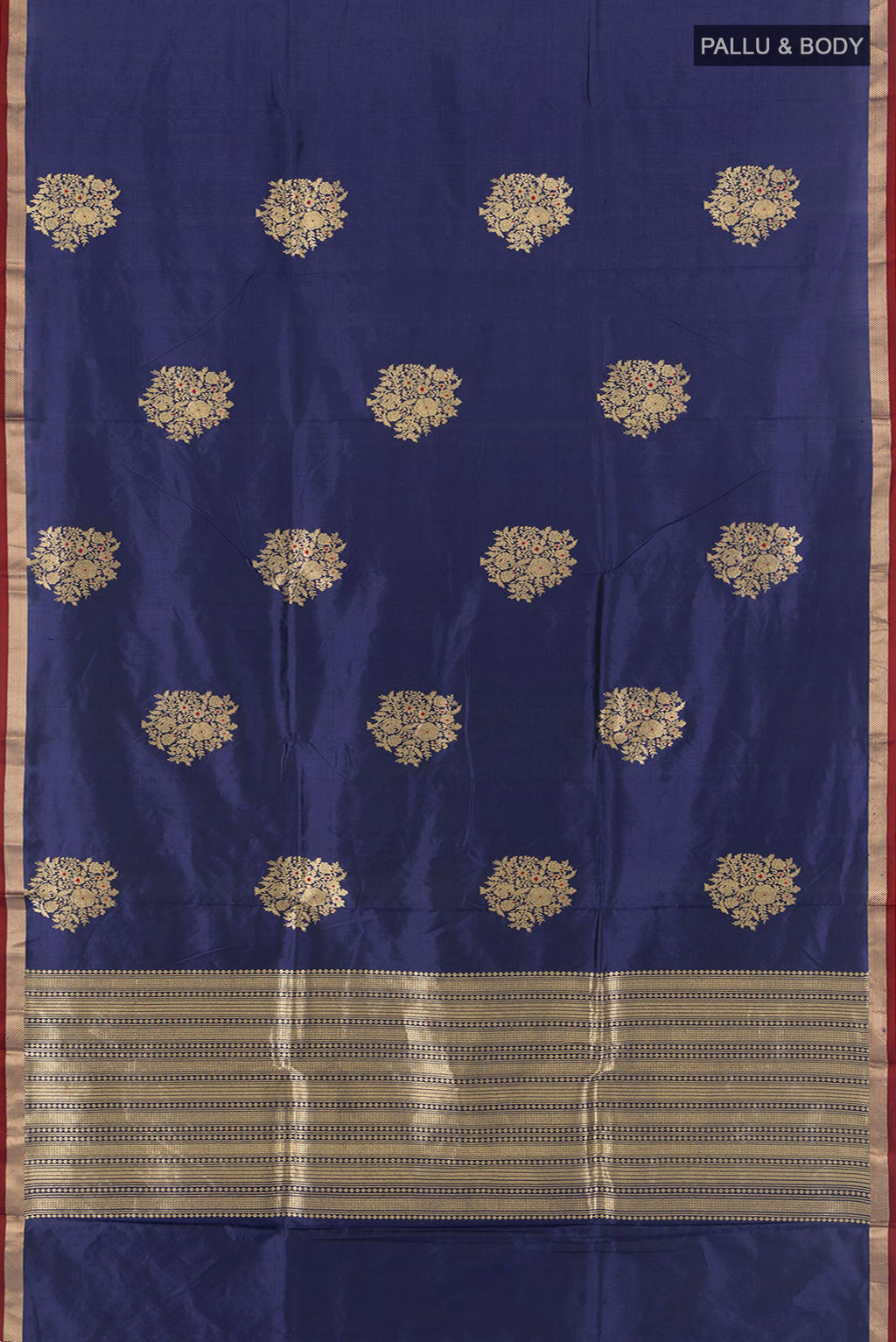 Flat view of Navy Blue Banarasi Katan Silk Saree with Zari Butta on the body and Zari Border. 