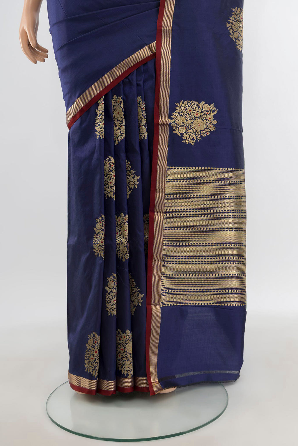 Pleats and pallu of Navy Blue Banarasi Katan Silk Saree with Zari Butta on the body and Zari Border. 
