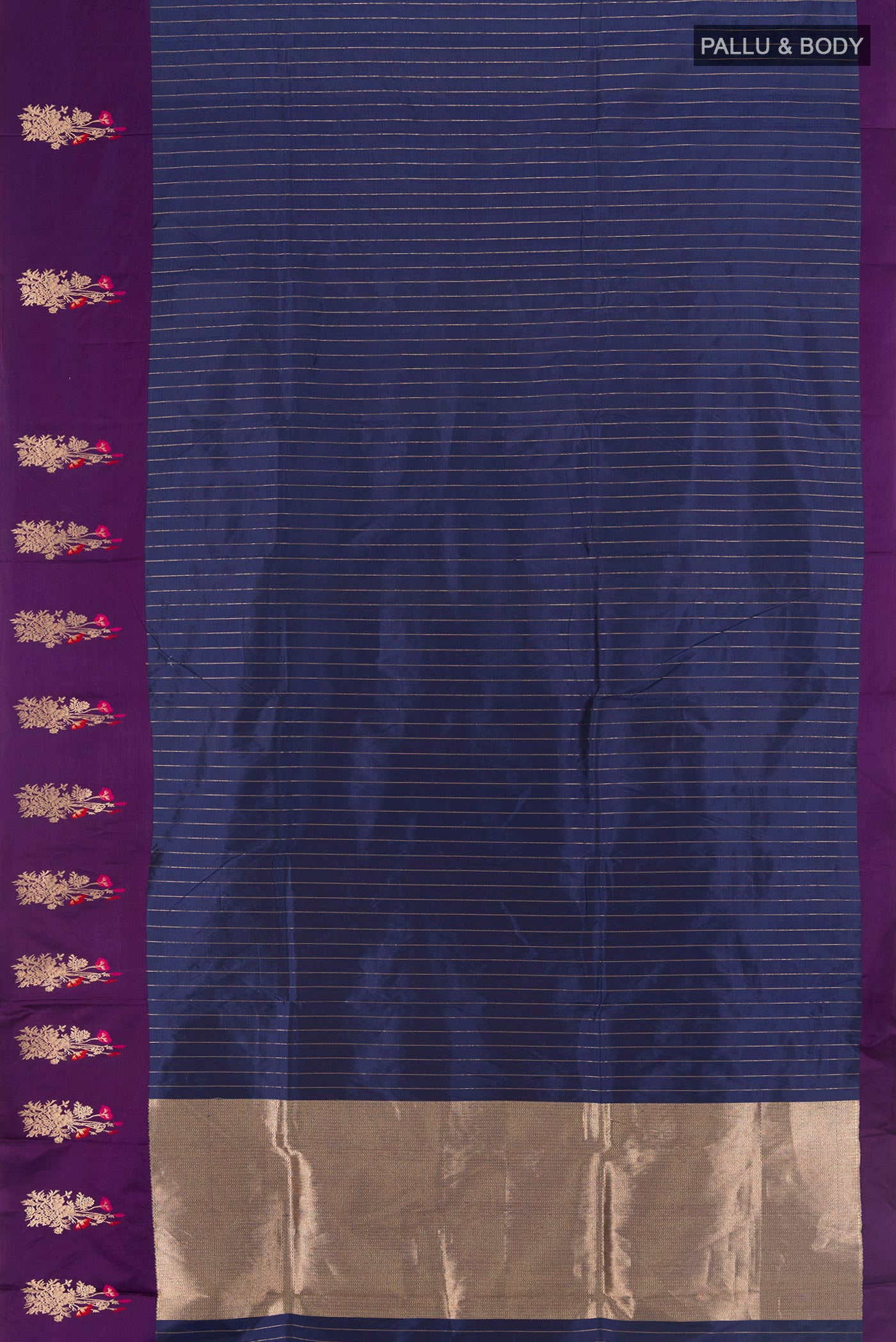 Flat view of Navy Blue Banarasi Katan Silk Saree with Stripes on the body and Zari Border. 