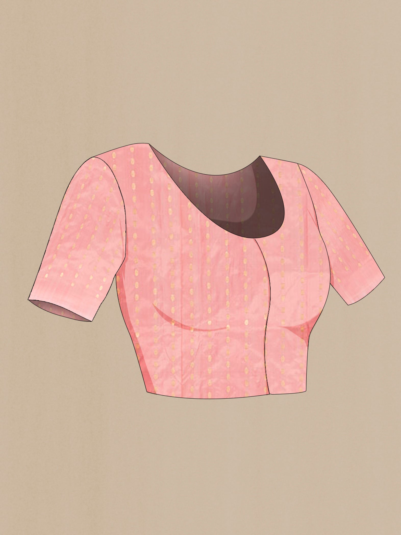 Close up image of the blouse of Peach Banarasi Katan Silk Saree with Stripes on the body and Zari Border. 