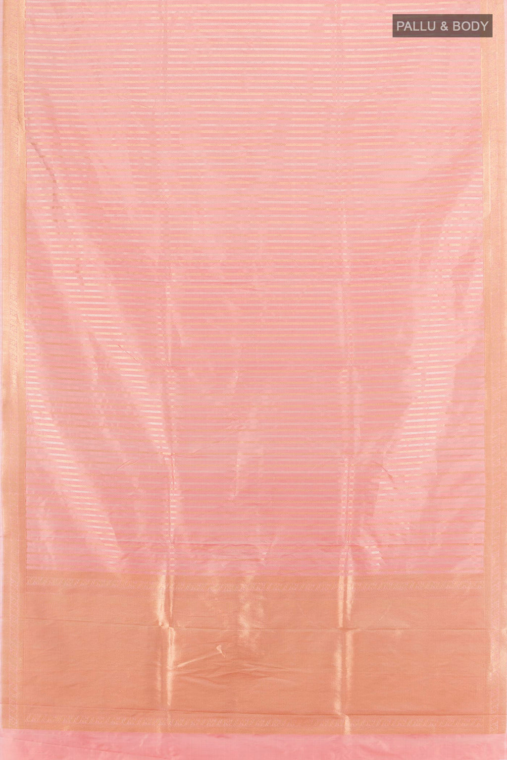Flat view of Peach Banarasi Katan Silk Saree with Stripes on the body and Zari Border. 