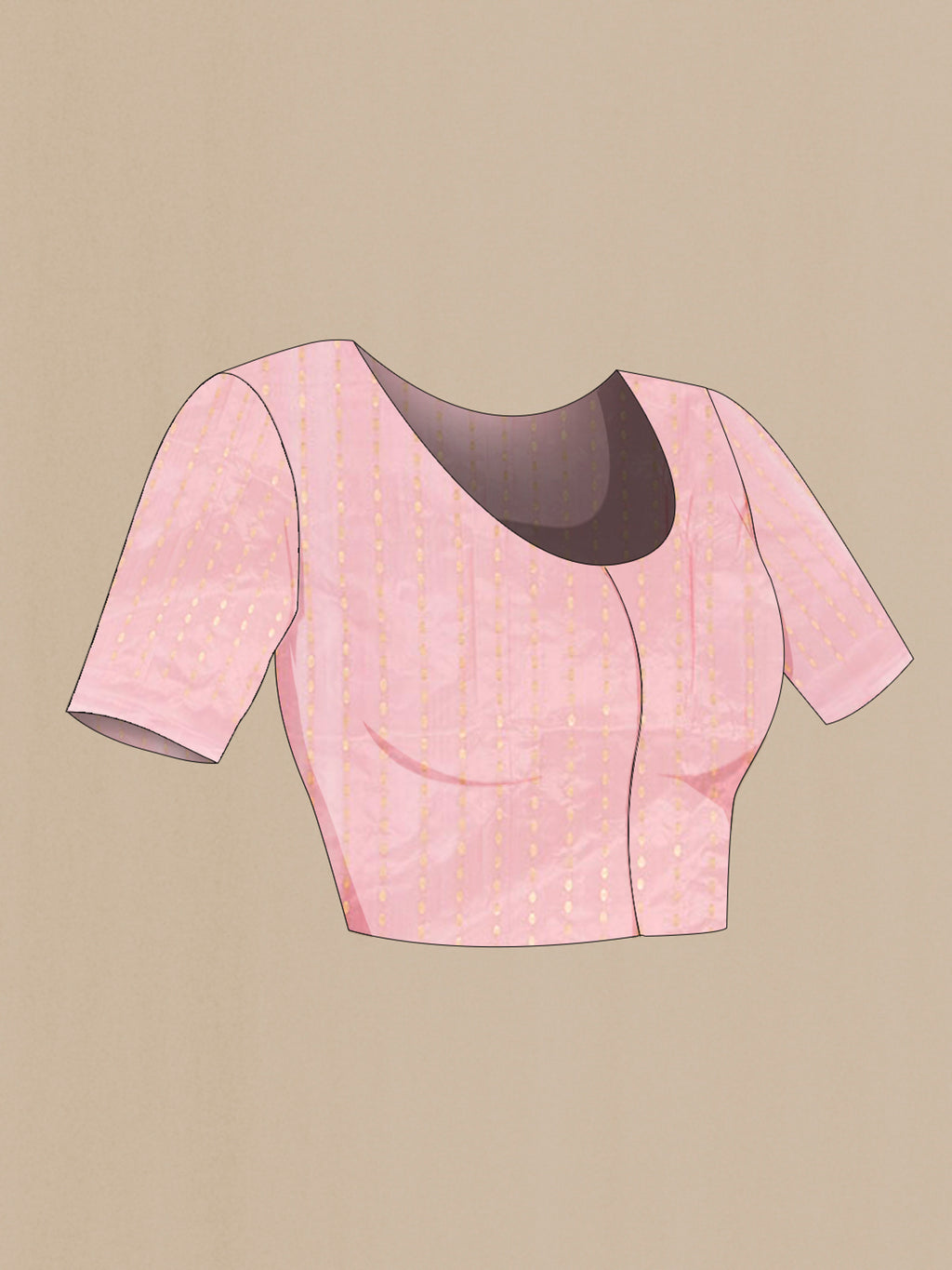 Close up image of the blouse of Rose pink Banarasi Katan Silk Saree with Stripes on the body and Zari Border. 