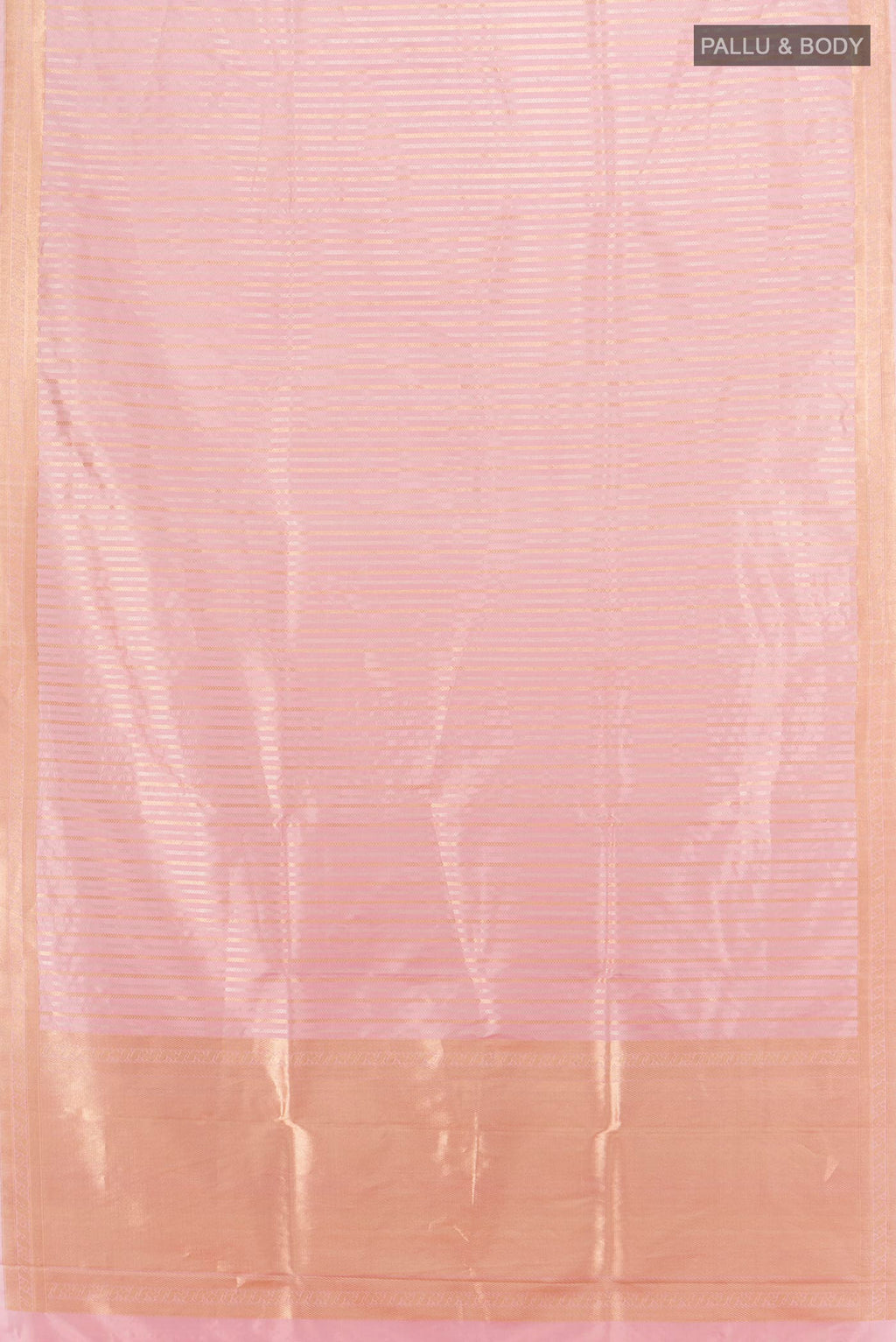 Flat view of Rose pink Banarasi Katan Silk Saree with Stripes on the body and Zari Border. 