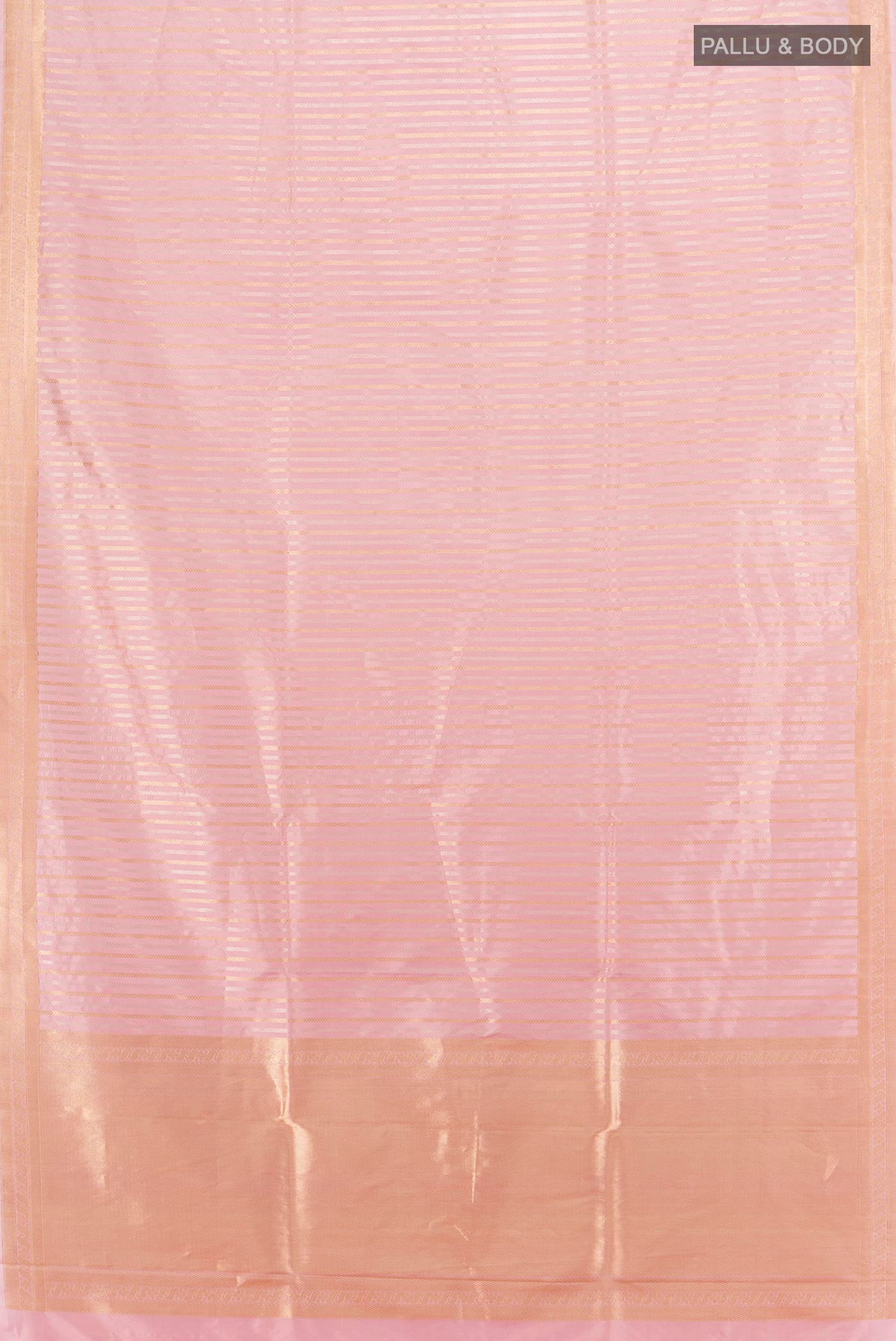 Flat view of Rose pink Banarasi Katan Silk Saree with Stripes on the body and Zari Border. 