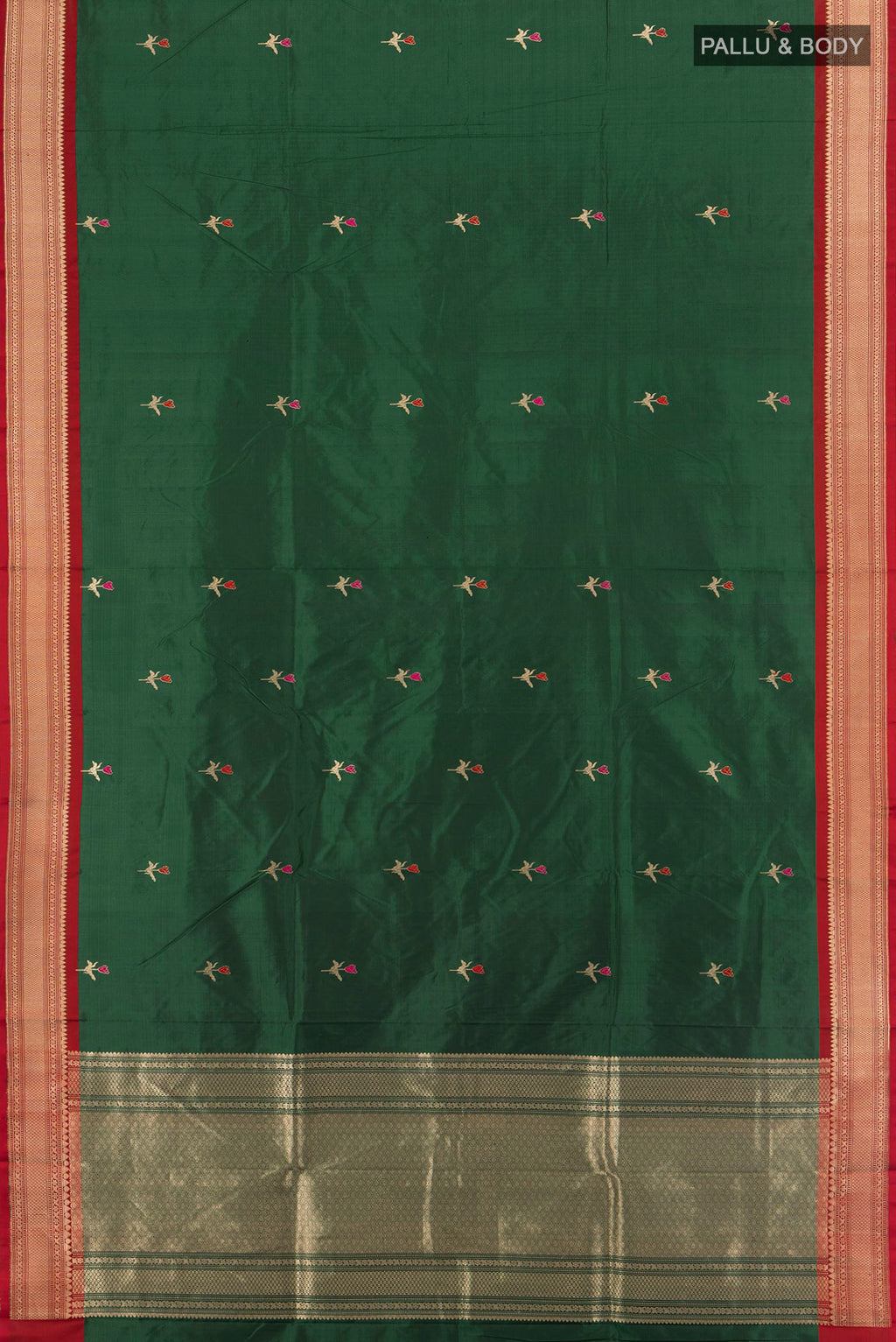Flat view of Bottle Green Banarasi Katan Silk Saree with Zari Butta on the body and Zari Border. 