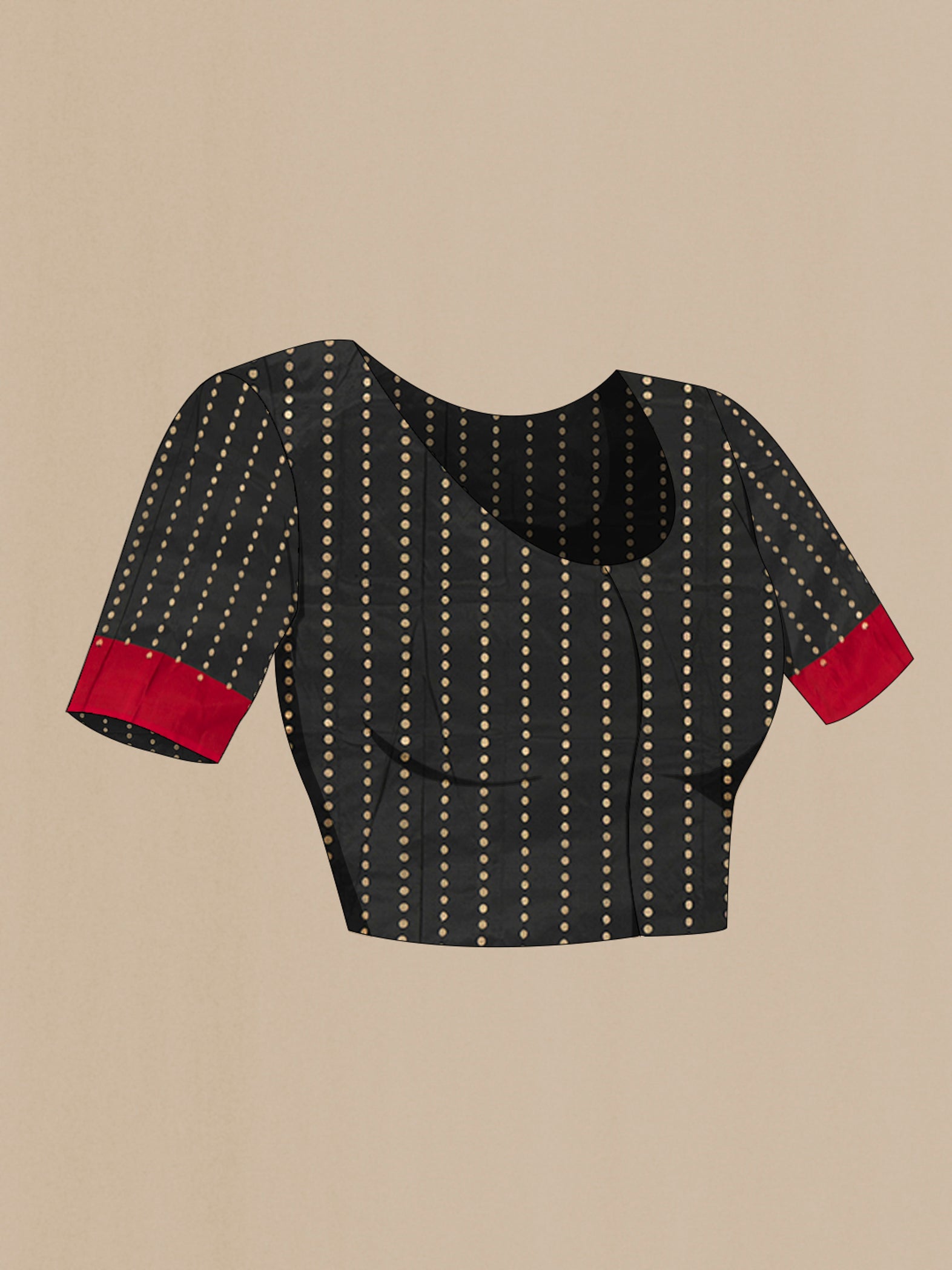 Close up image of the blouse of Black Banarasi Katan Silk Saree with Zari Butta on the body and Zari Border. 