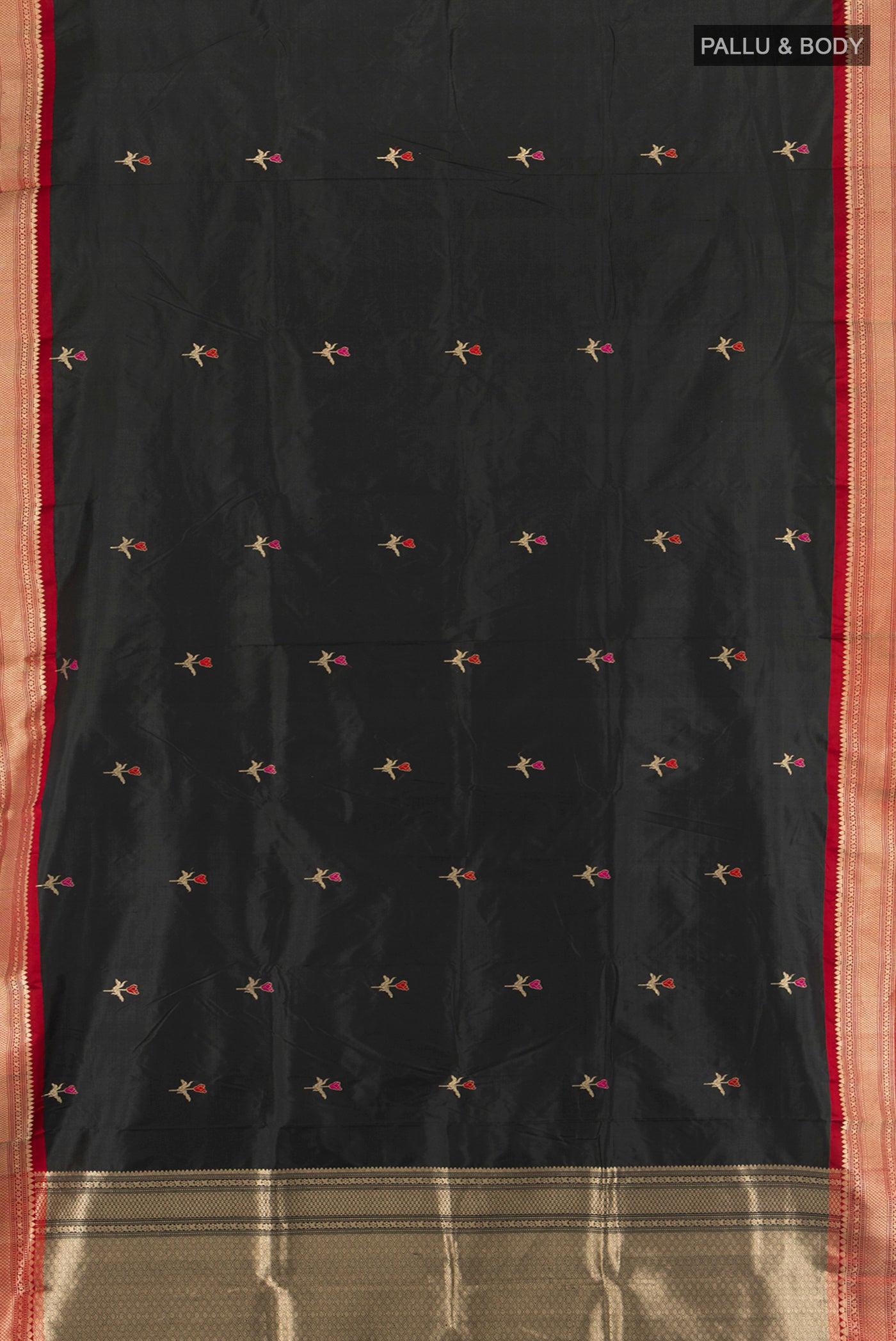 Flat view of Black Banarasi Katan Silk Saree with Zari Butta on the body and Zari Border. 