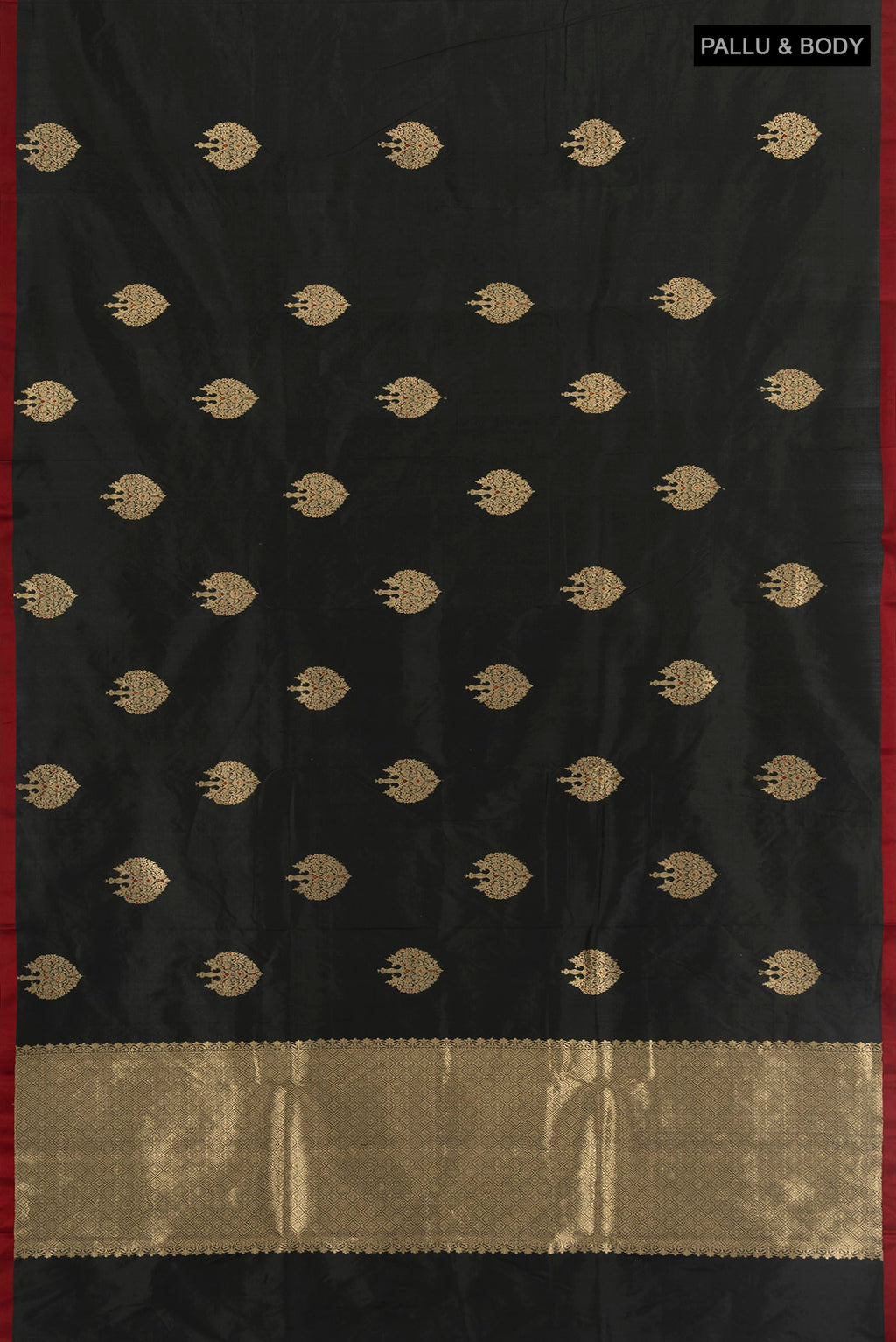 Flat view of Black Banarasi Katan Silk Saree with Zari Butta on the body and Without Border. 