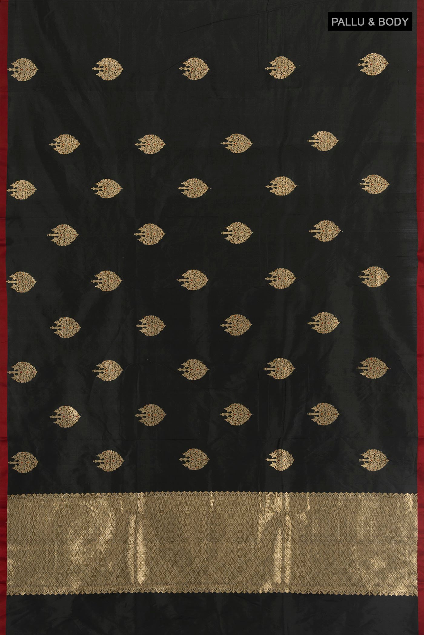 Flat view of Black Banarasi Katan Silk Saree with Zari Butta on the body and Without Border. 