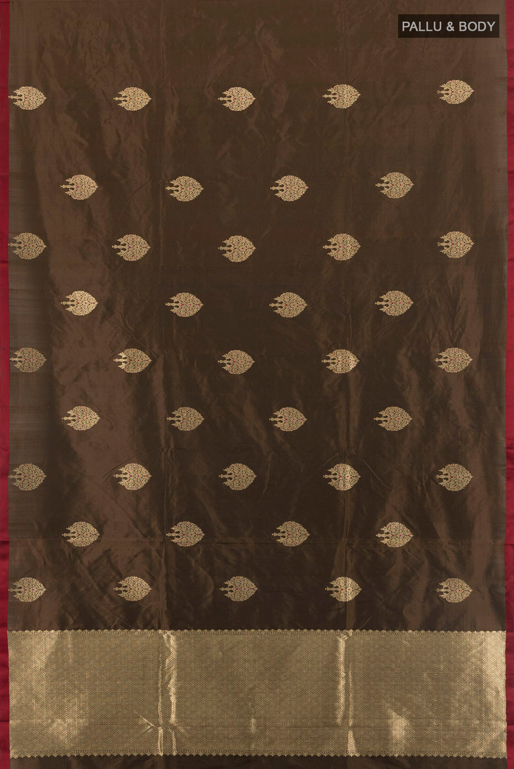Flat view of Brown Banarasi Katan Silk Saree with Zari Butta on the body and Plain Border. 