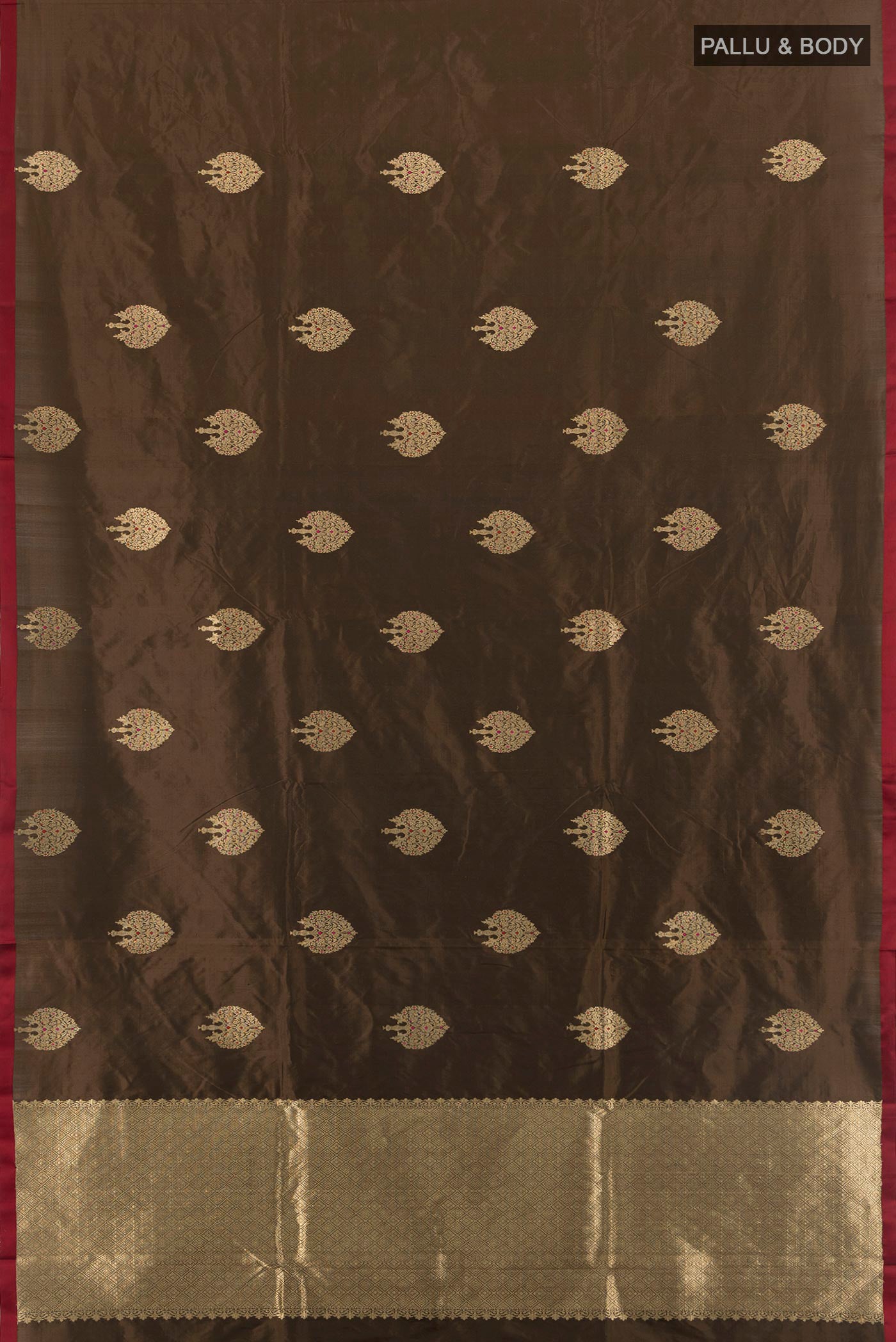 Flat view of Brown Banarasi Katan Silk Saree with Zari Butta on the body and Plain Border. 
