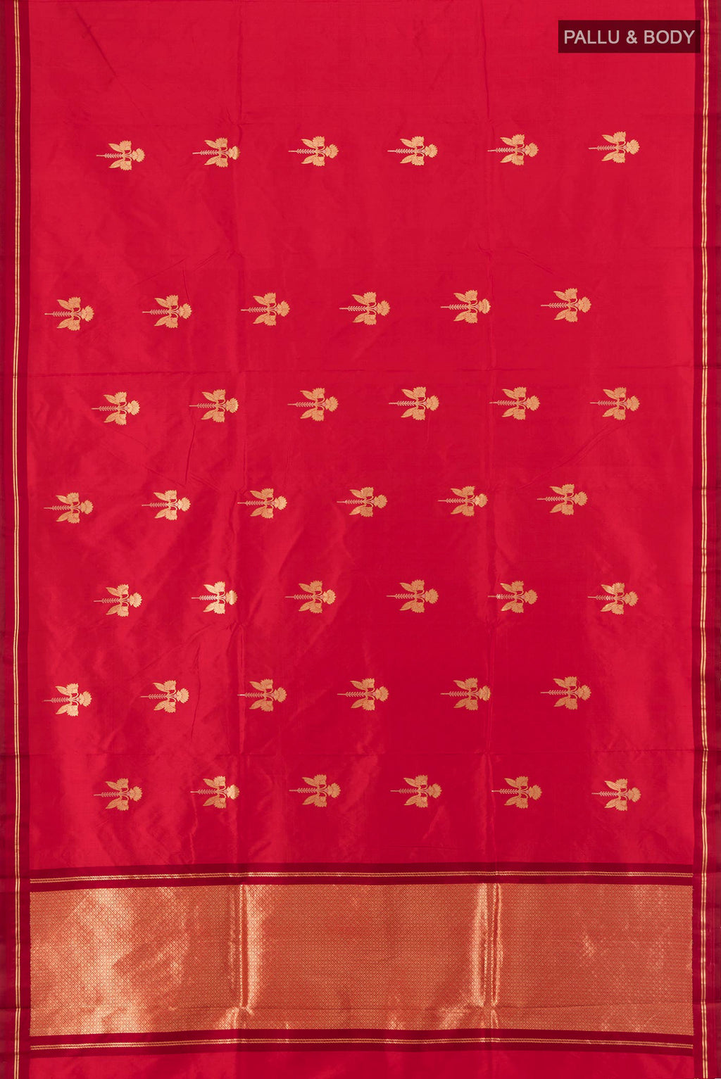Flat view of Red Banarasi Katan Silk Saree with Zari Butta on the body and Thin Zari Line. 