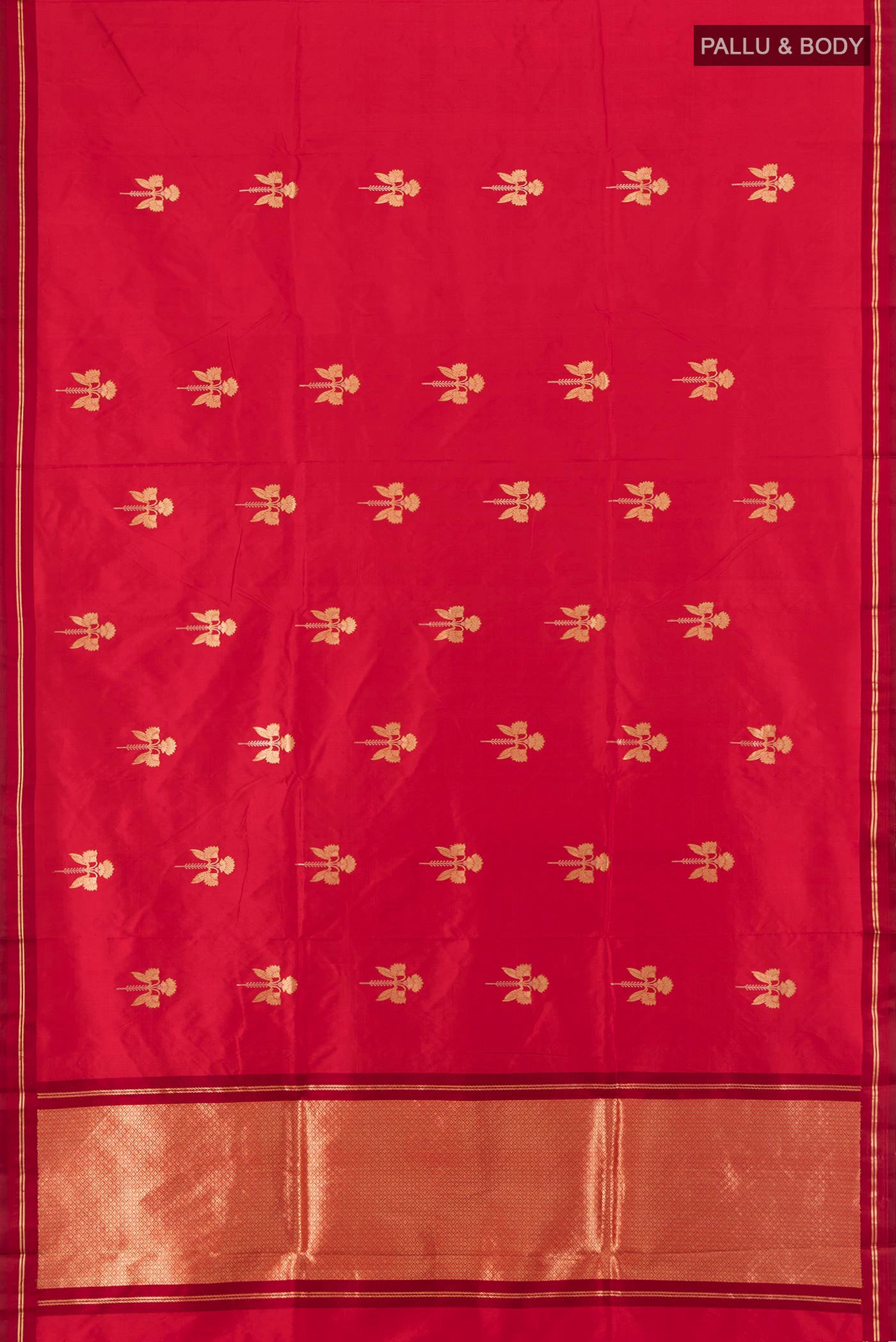 Flat view of Red Banarasi Katan Silk Saree with Zari Butta on the body and Thin Zari Line. 
