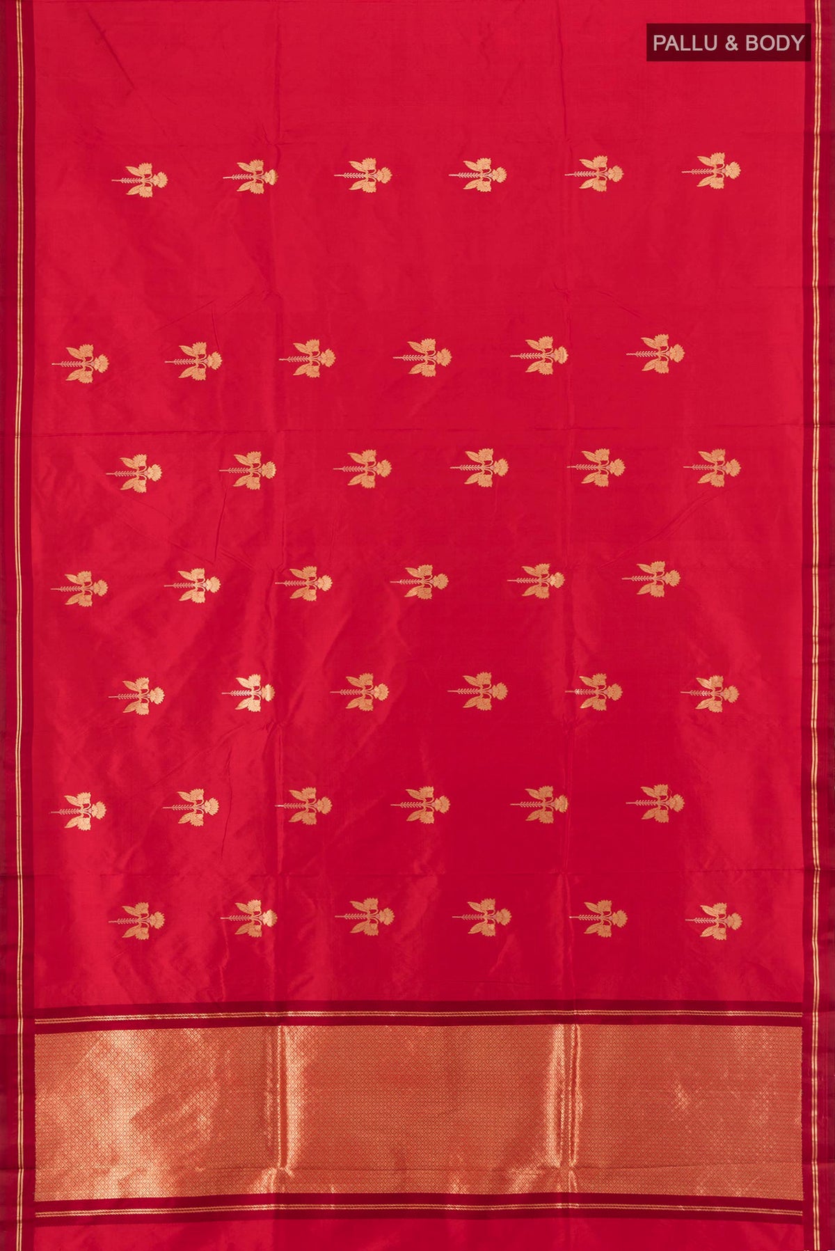 Flat view of Red Banarasi Katan Silk Saree with Zari Butta on the body and Thin Zari Line. 