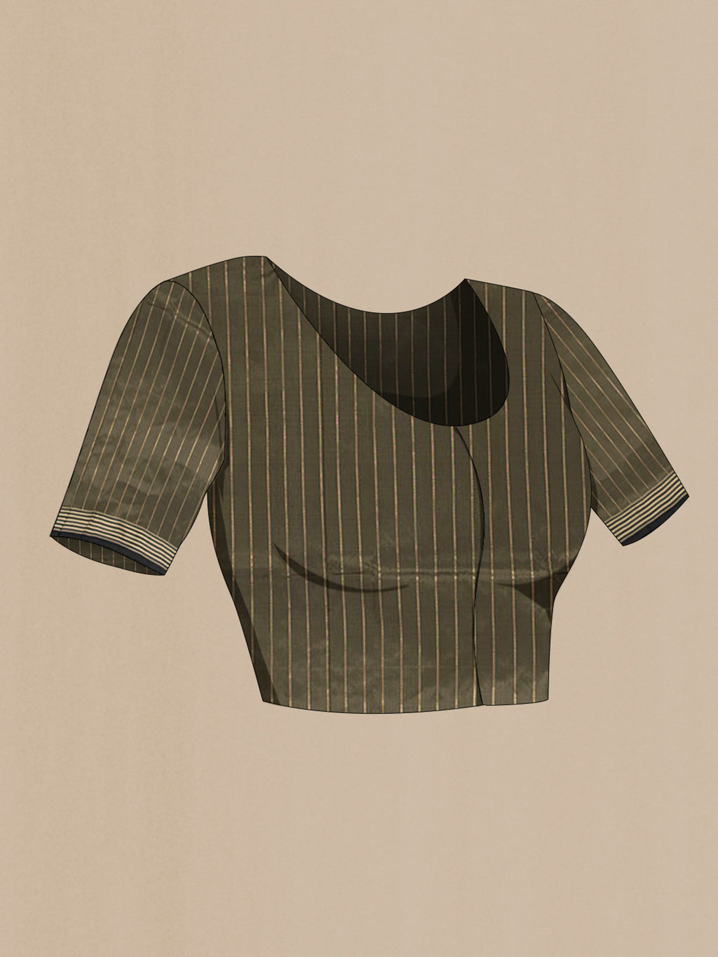 Close up image of the blouse of Olive Green Banarasi Katan Silk Saree with Zari Butta on the body and Thin Zari Line. 