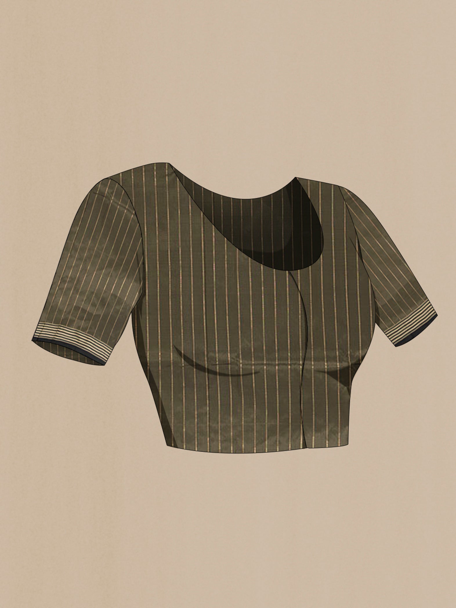 Close up image of the blouse of Olive Green Banarasi Katan Silk Saree with Zari Butta on the body and Thin Zari Line. 