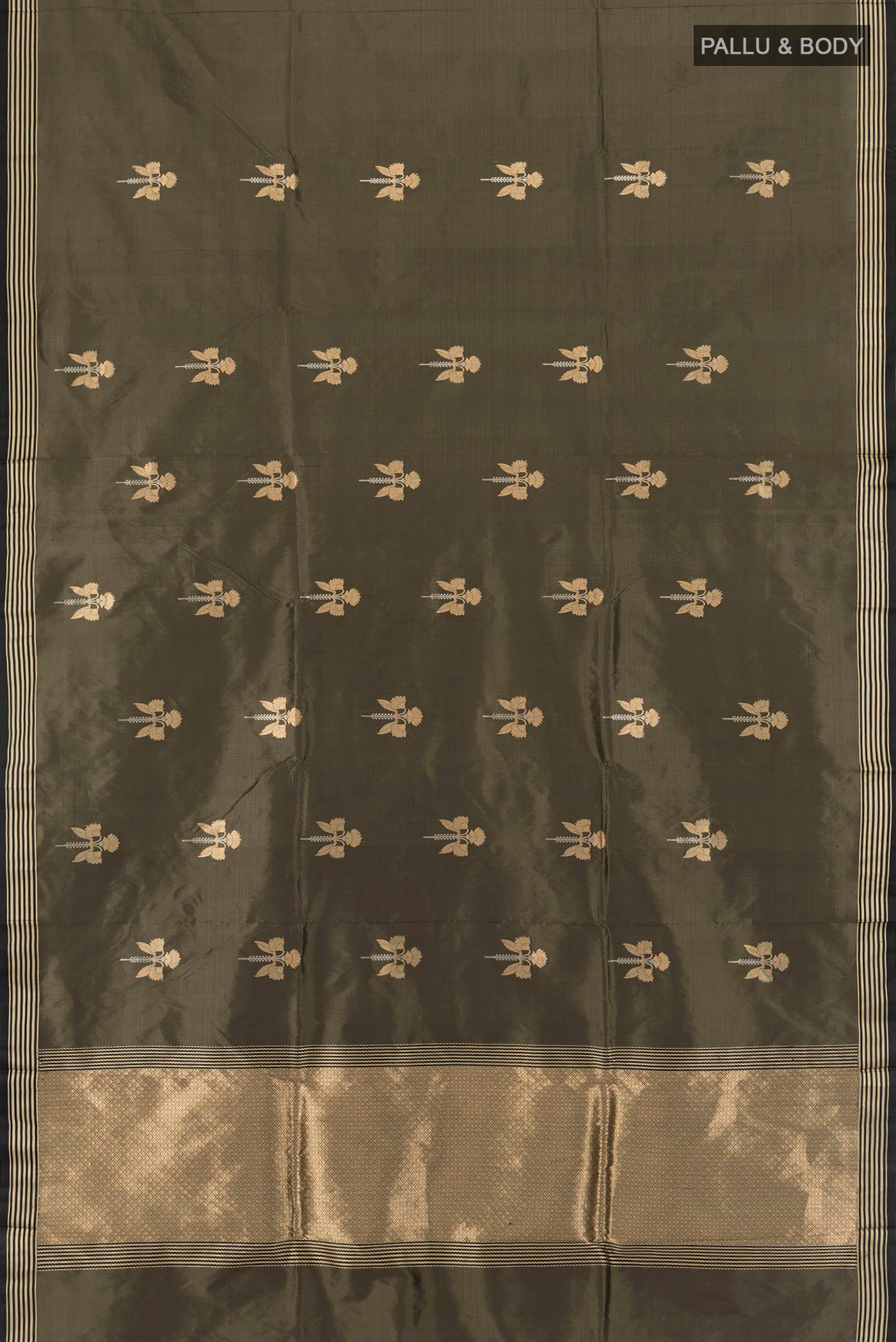 Flat view of Olive Green Banarasi Katan Silk Saree with Zari Butta on the body and Thin Zari Line. 