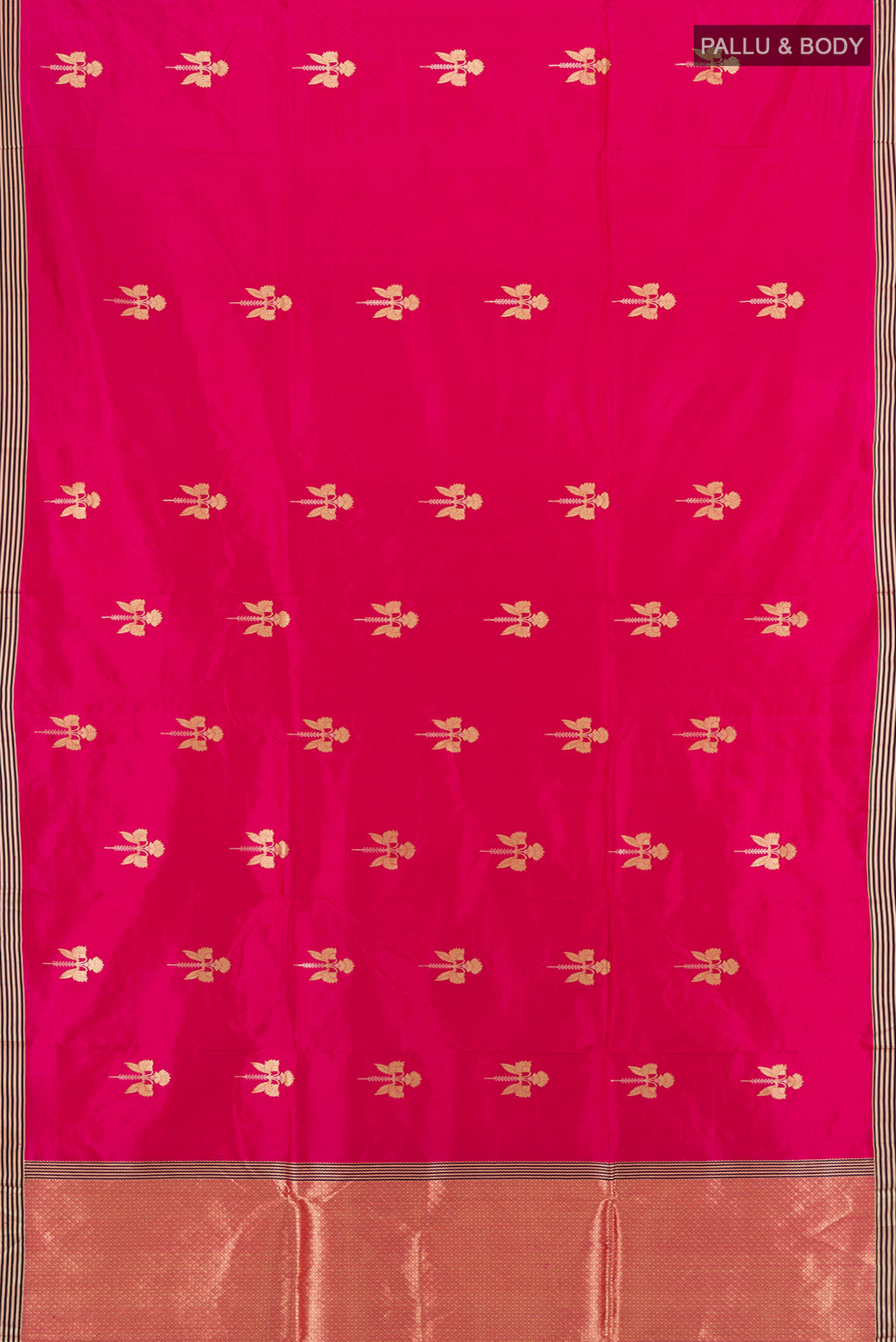 Flat view of Rani Pink Banarasi Katan Silk Saree with Zari Butta on the body and Temple Border. 