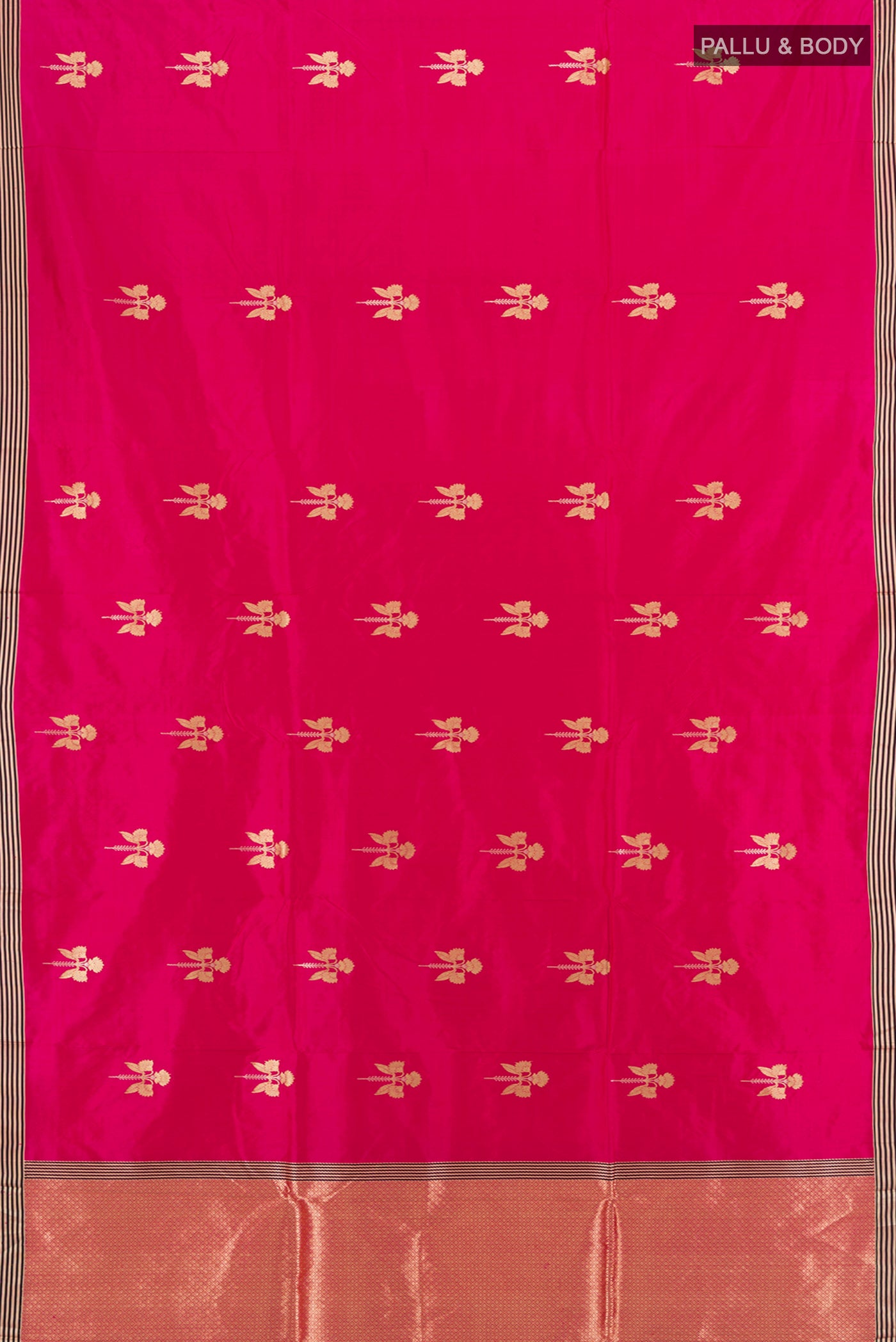 Flat view of Rani Pink Banarasi Katan Silk Saree with Zari Butta on the body and Temple Border. 