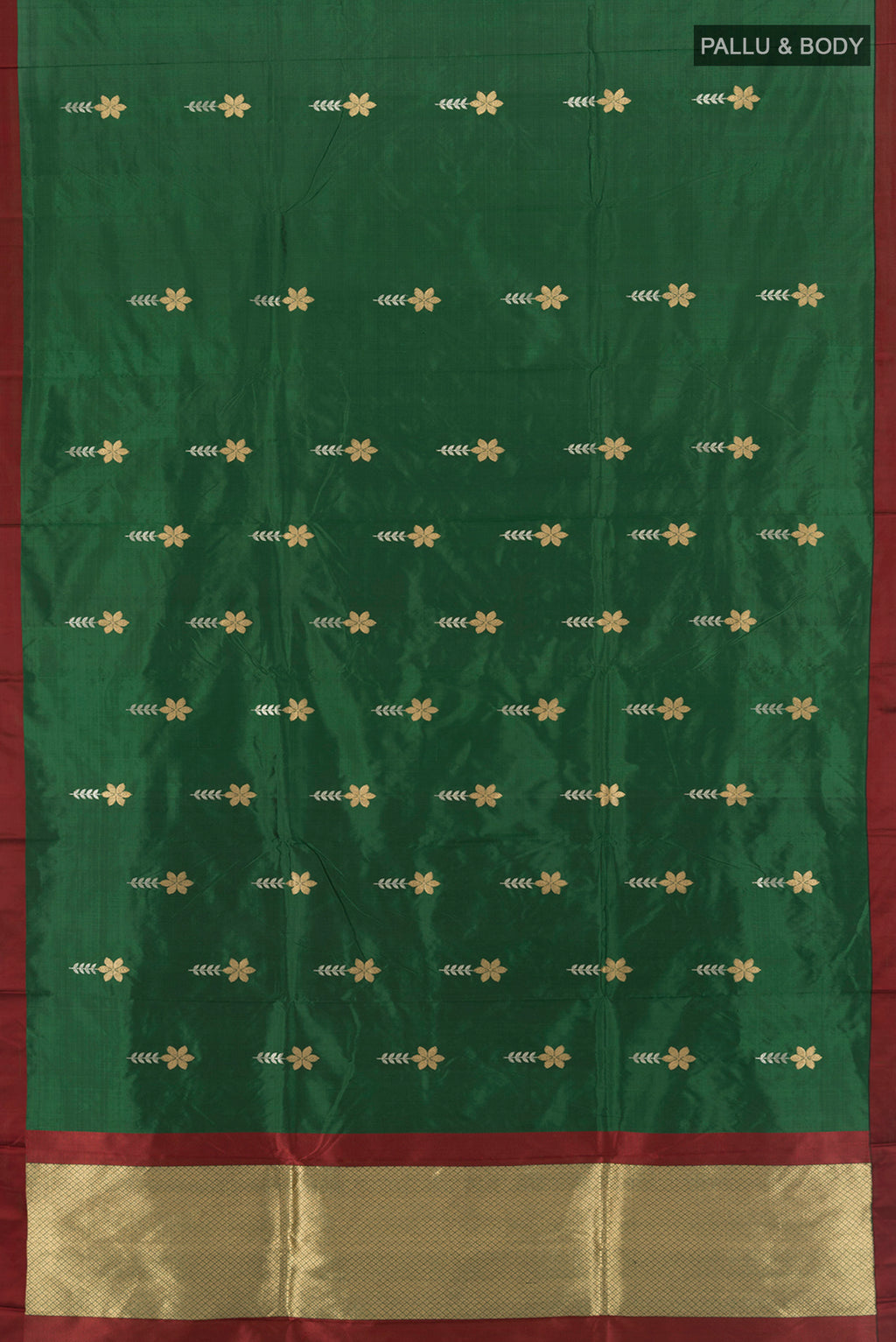 Flat view of Bottle Green Banarasi Katan Silk Saree with Zari Butta on the body and Plain Border. 