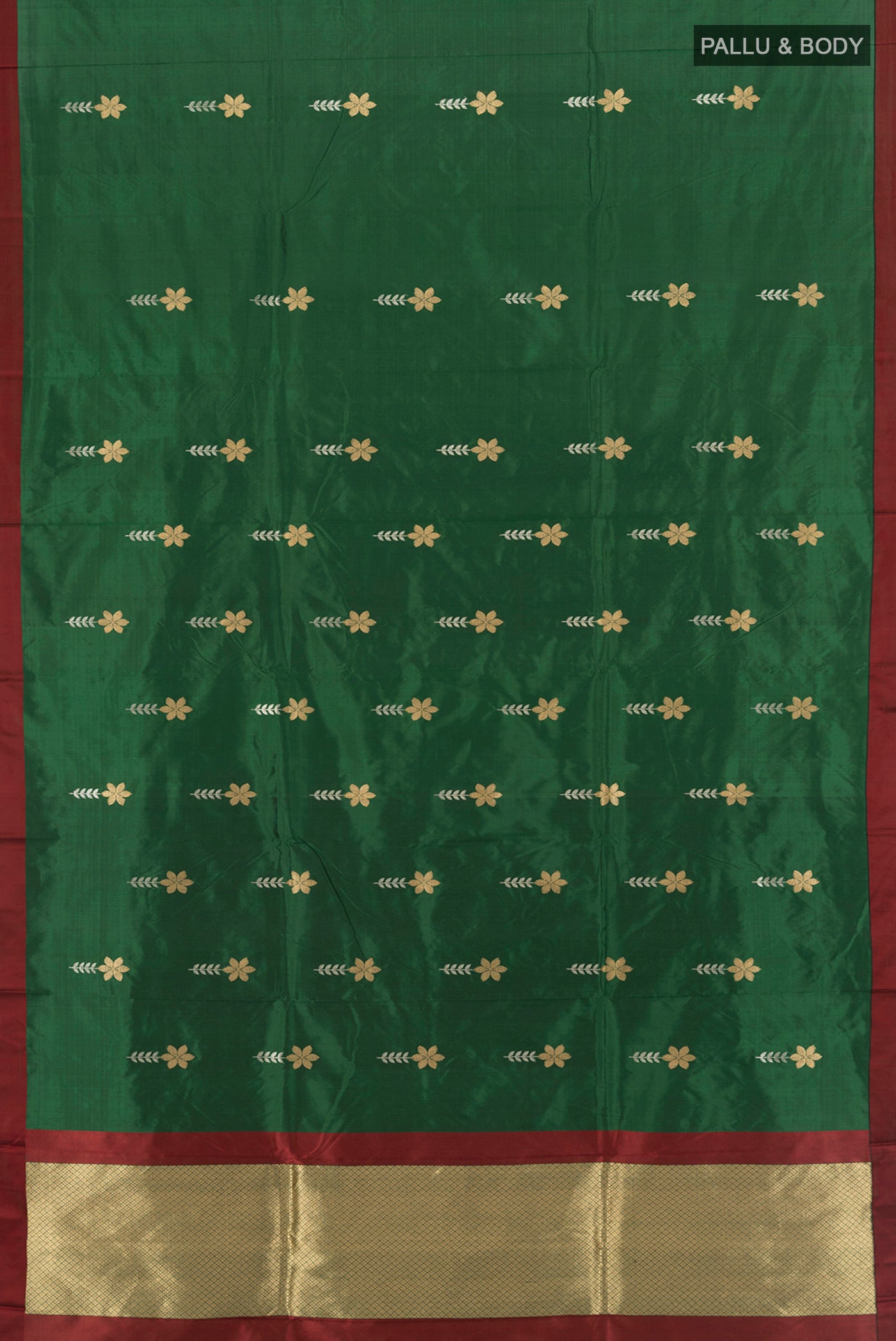 Flat view of Bottle Green Banarasi Katan Silk Saree with Zari Butta on the body and Plain Border. 