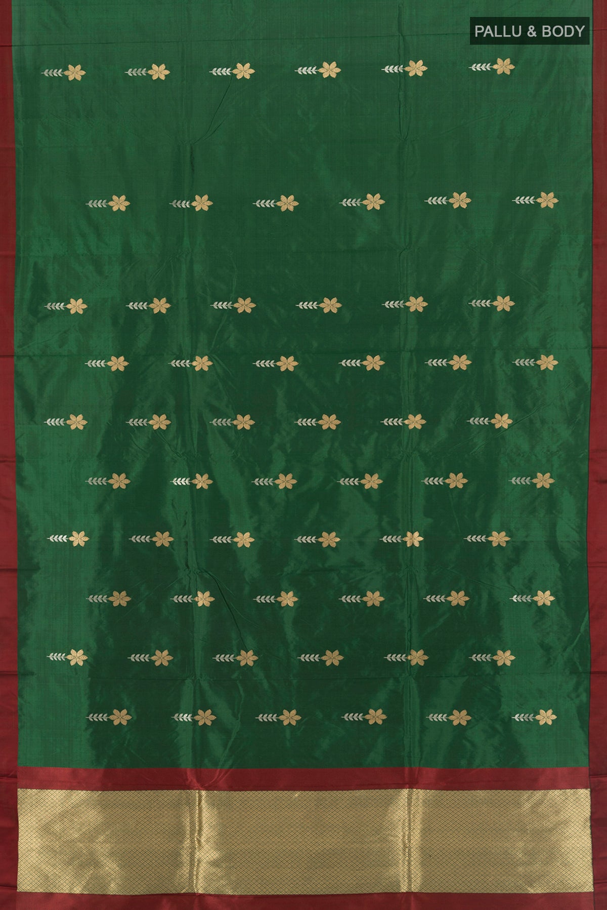 Flat view of Bottle Green Banarasi Katan Silk Saree with Zari Butta on the body and Plain Border. 