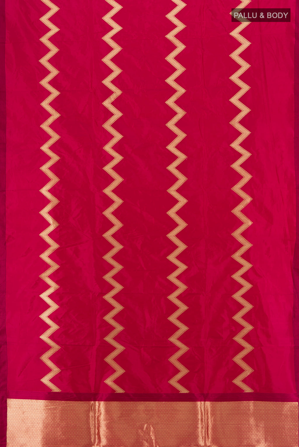 Flat view of Maroon Banarasi Katan Silk Saree with Zig Zag design on the body and Thread Border. 