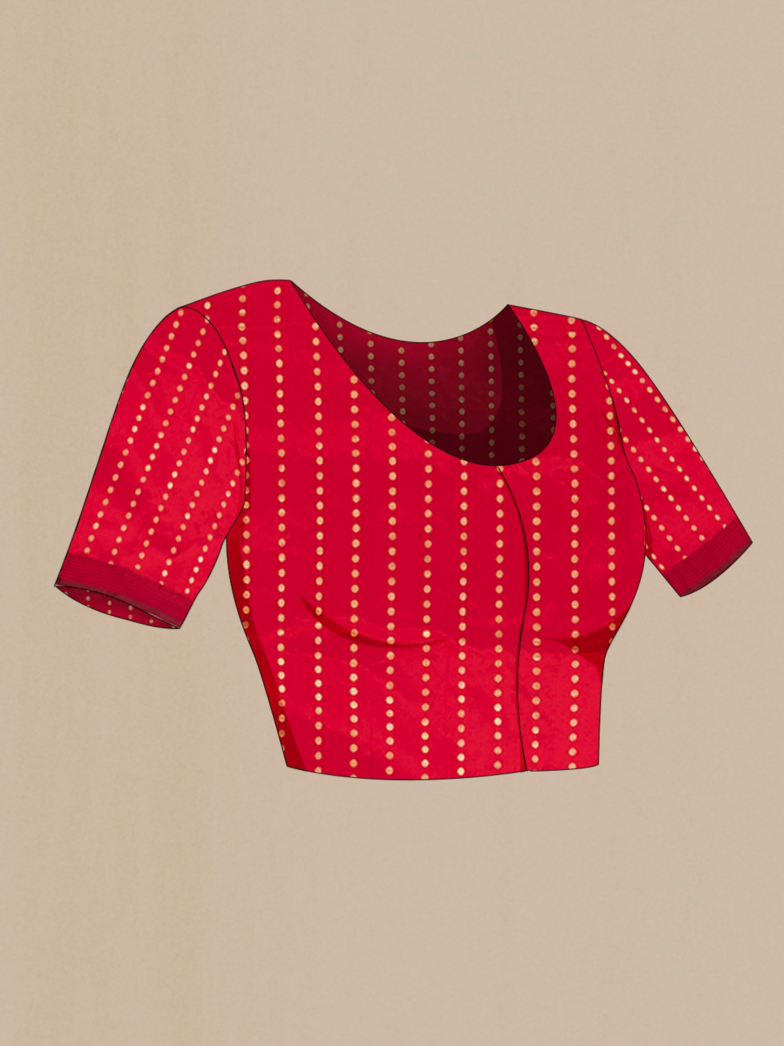Close up image of the blouse of Red Banarasi Katan Silk Saree with Zig Zag design on the body and Plain Border. 