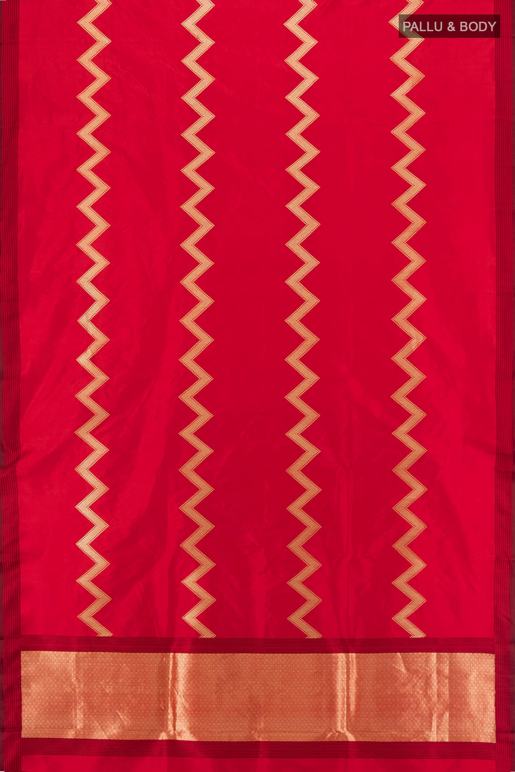 Flat view of Red Banarasi Katan Silk Saree with Zig Zag design on the body and Plain Border. 