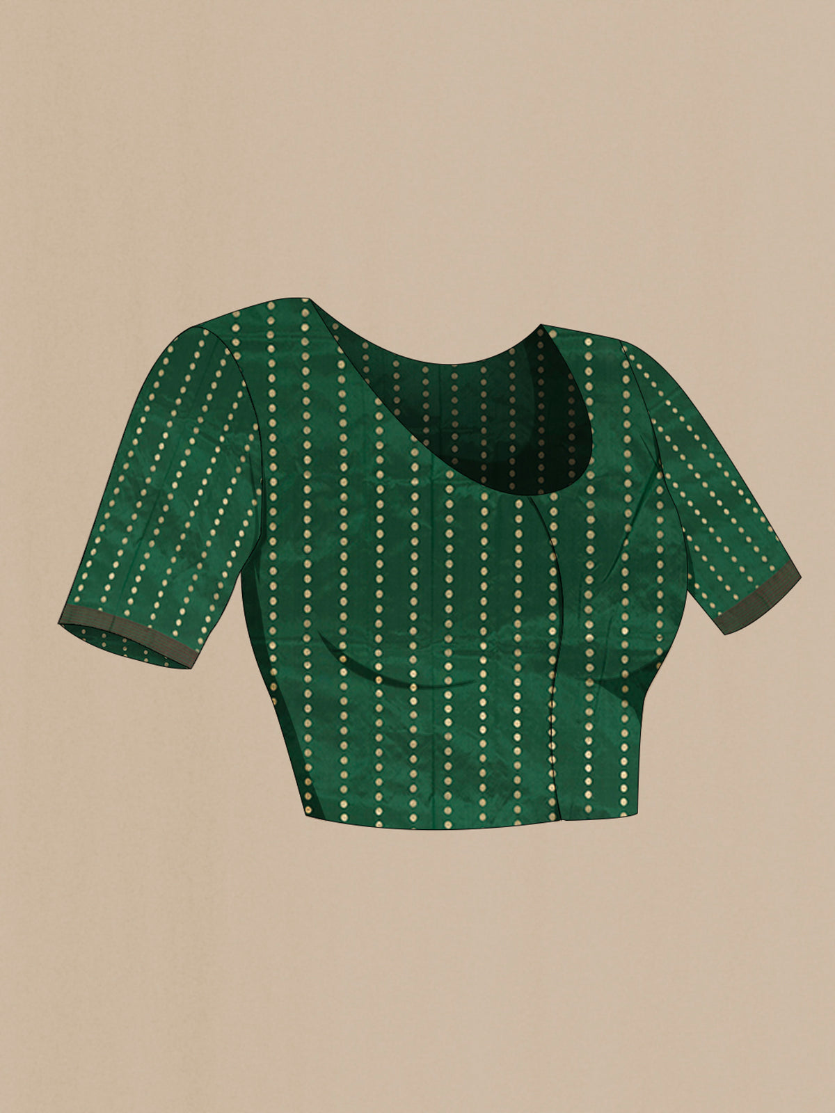 Close up image of the blouse of Bottle Green Banarasi Katan Silk Saree with Zig Zag design on the body and Plain Border. 