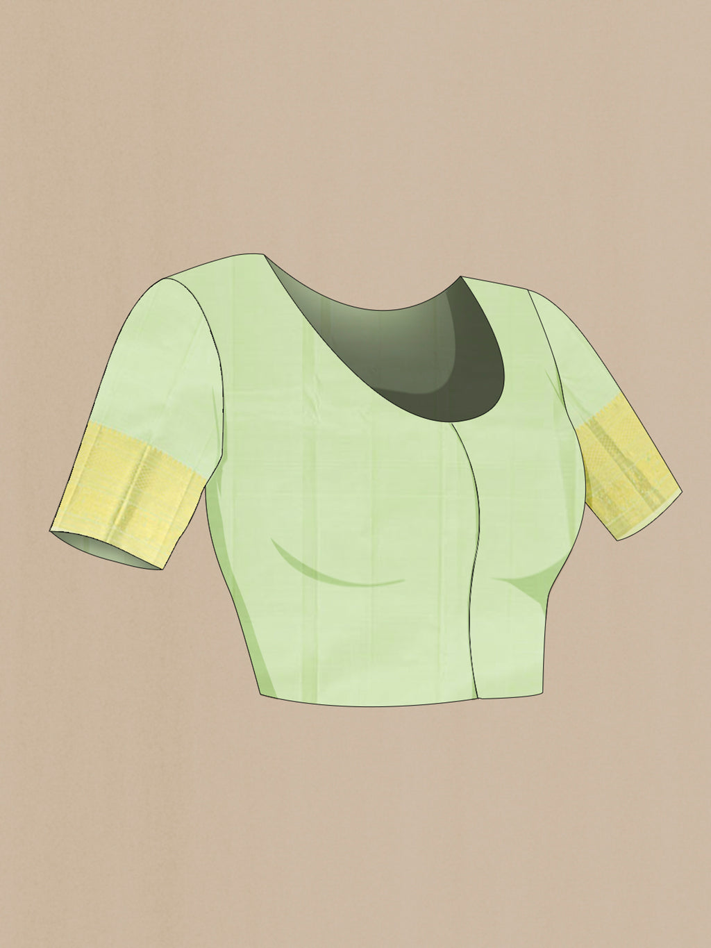 Close up image of the blouse of Pista Green Kanchipuram Silk Saree with Zari Butta on the body and Zari Border. 