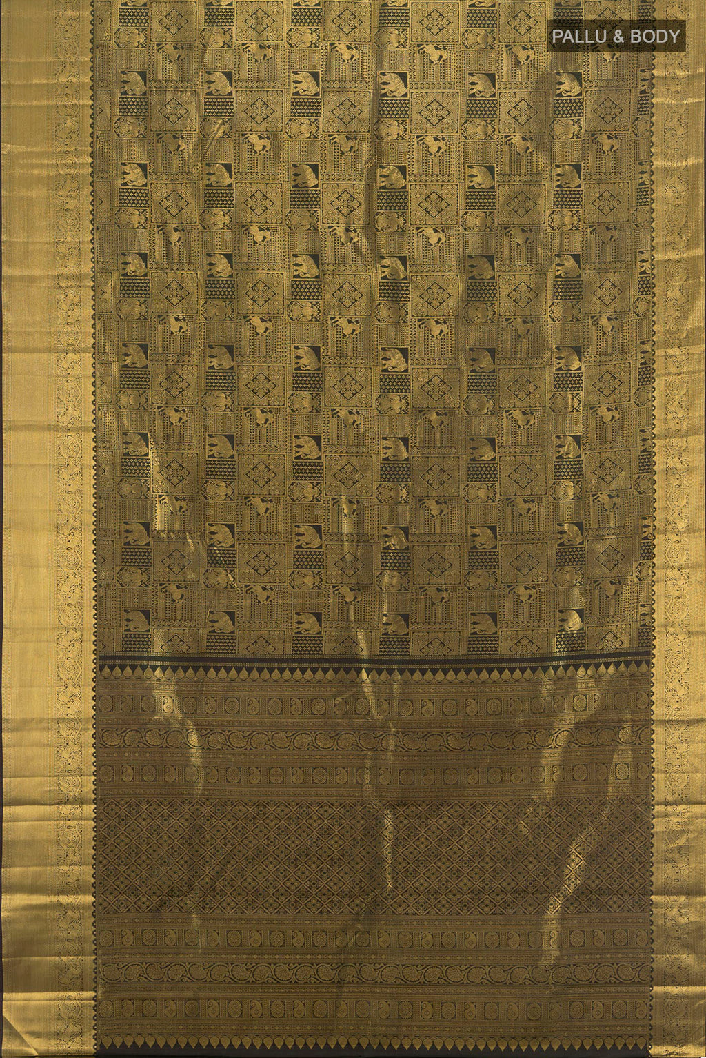 Flat view of Bottle Green Kanchipuram Silk Saree with Zari Brocade on the body and Zari Border. 