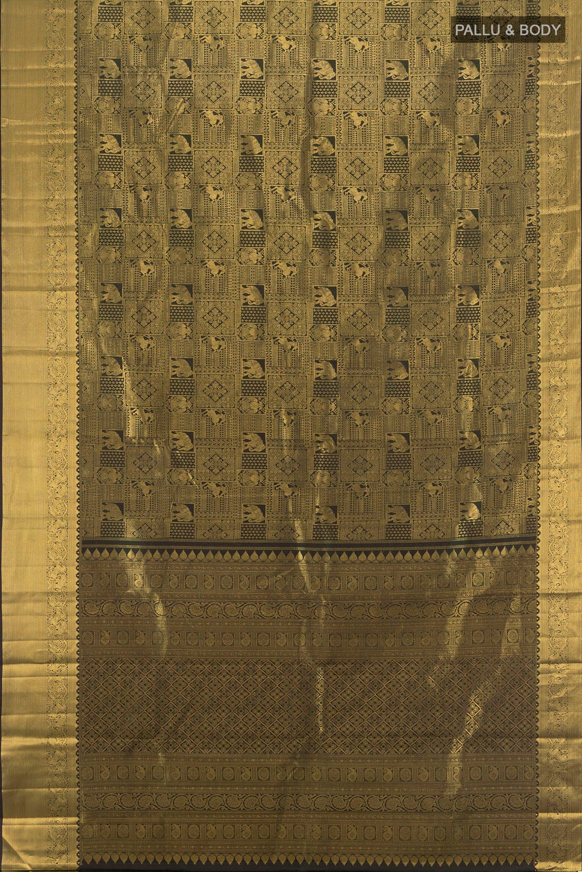 Flat view of Bottle Green Kanchipuram Silk Saree with Zari Brocade on the body and Zari Border. 