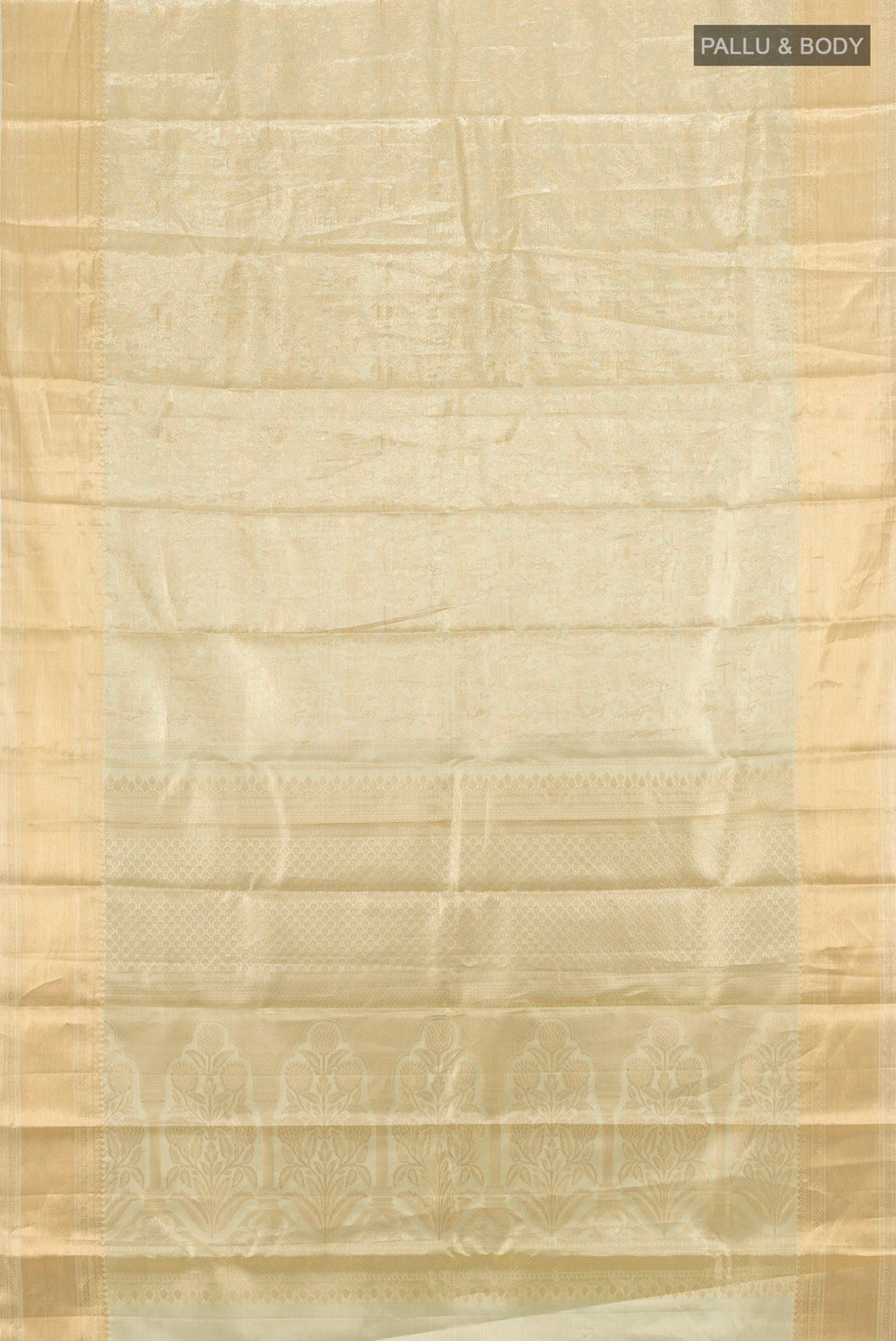 Flat view of Golden Kanchipuram Tissue Silk Saree with Zari Brocade on the body and Zari Border. 